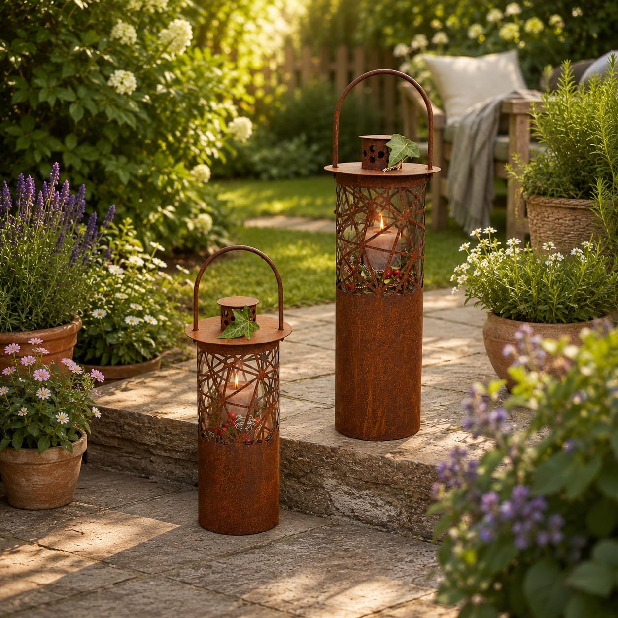 Edelrost Laterne Arte - Gartendeko - Rustikal - mit Glaseinsatz für Kerzen - Vintage Optik (47)