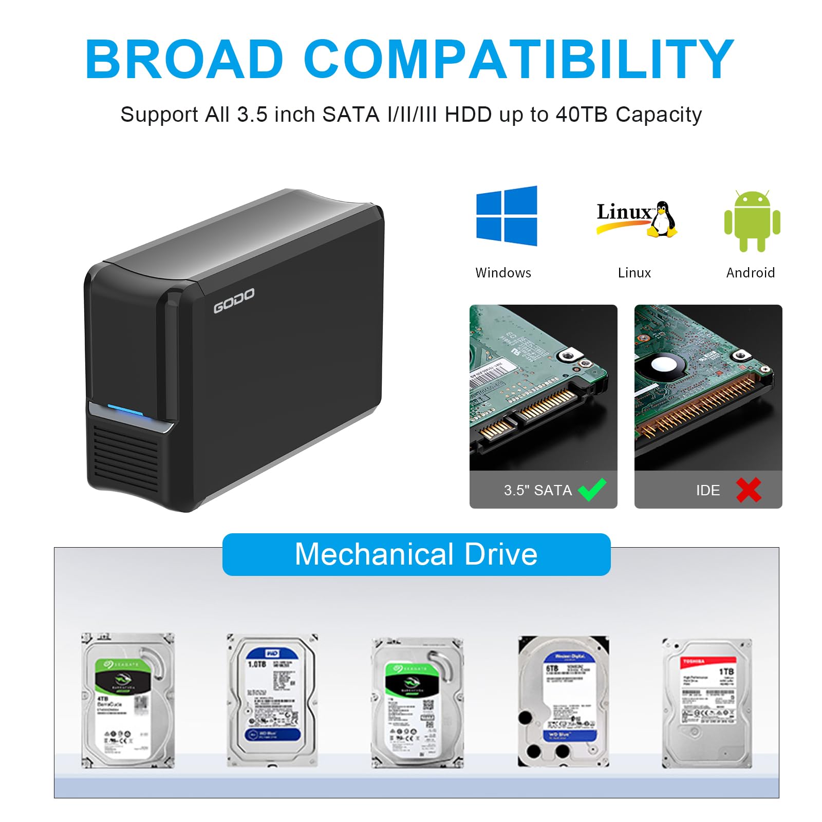 GODO 3.5 pollici Dual Bay Hard Drive Enclosure,USB3.0 a 3.5 pollici SATA HDDs External Enclosure,Modalità RAID 0/1/JBOD/PM,Docking Station per disco rigido RAID max 40TB,Alluminio