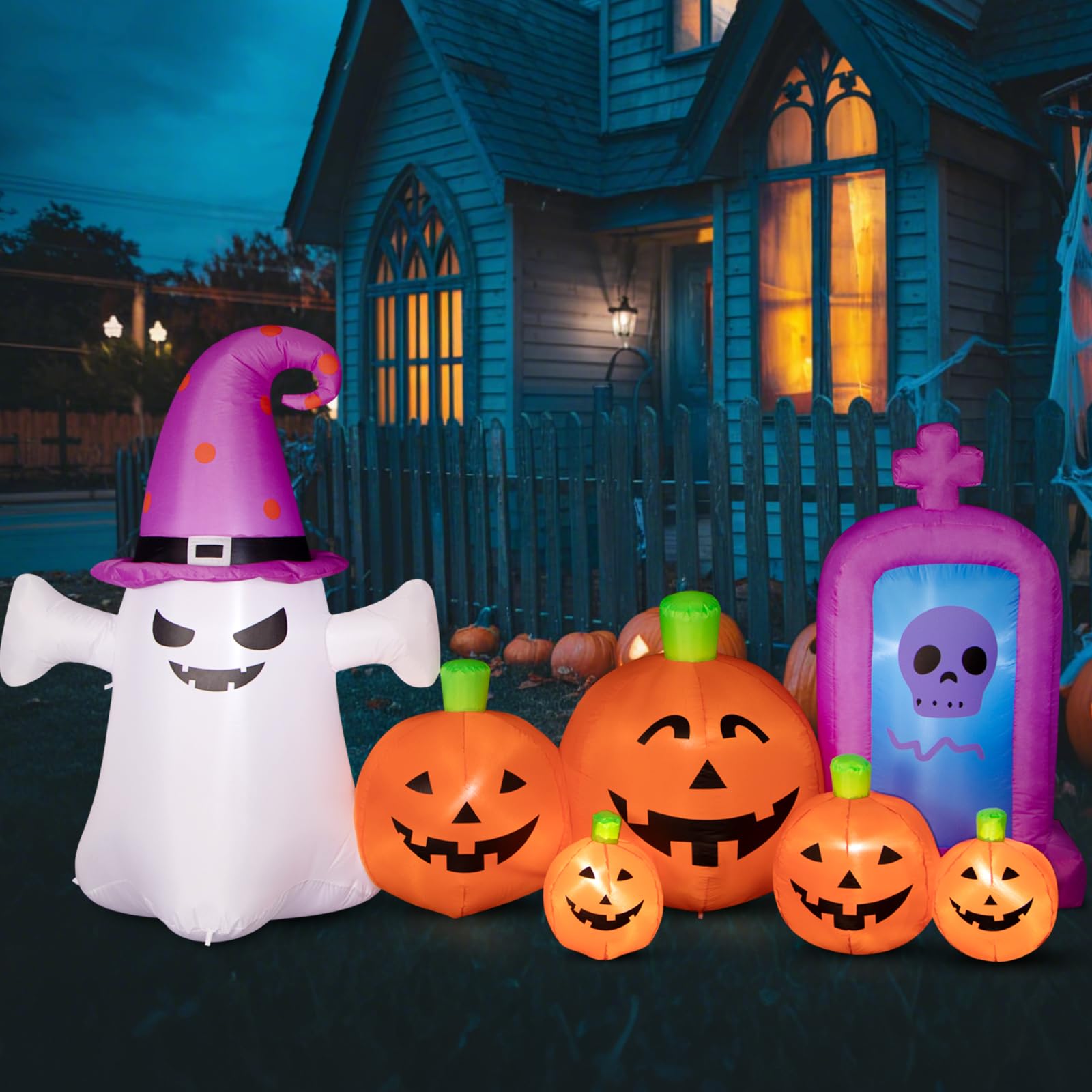 Dekoracje halloweenowe, na zewnątrz, 200 cm, długa nadmuchiwana dynia z duchem i czaszką, nagrobkiem, straszne wysadzenie w powietrze, dekoracja dyni, wbudowane diody LED, na imprezę, do ogrodu, dekoracja trawnika
