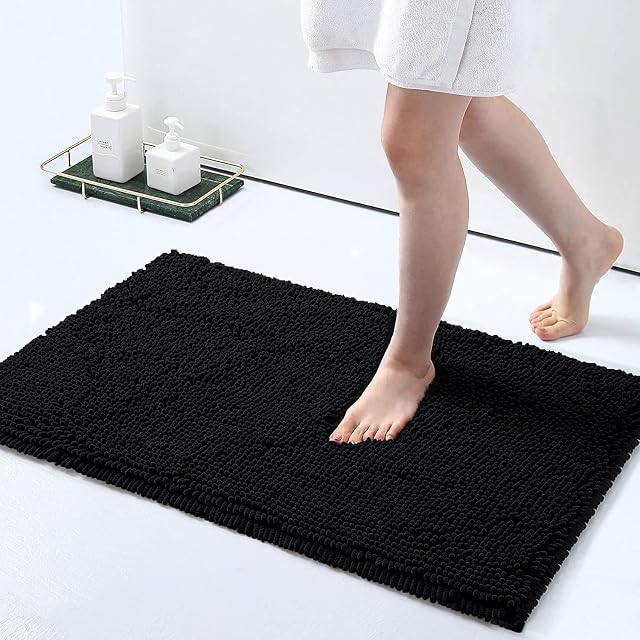 Smiry Non-Slip Chenille Bath Mat for Bathroom Floor, Extra Soft Bathroom Mat Absorbent Bath Floor Rug, 40 x 60 cm, Black