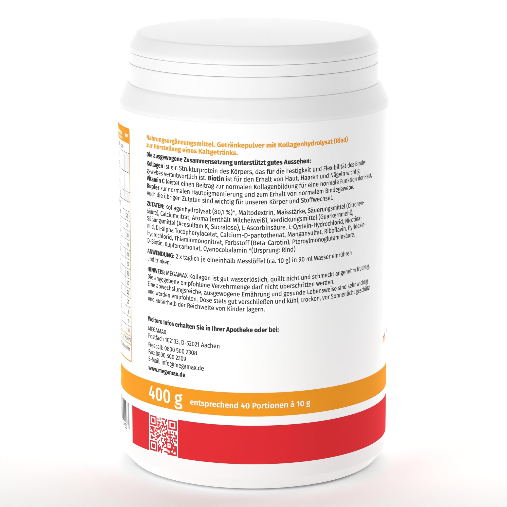 Megamax Nutrition - 3 X 400 g - Beauty Kollagen Pulver - mit Collagen-Hydrolysat Biotin Vitamin C. Orangen-Geschmack. Ideal als tägliche Ergänzung für Haut, Haare und Nägel*.