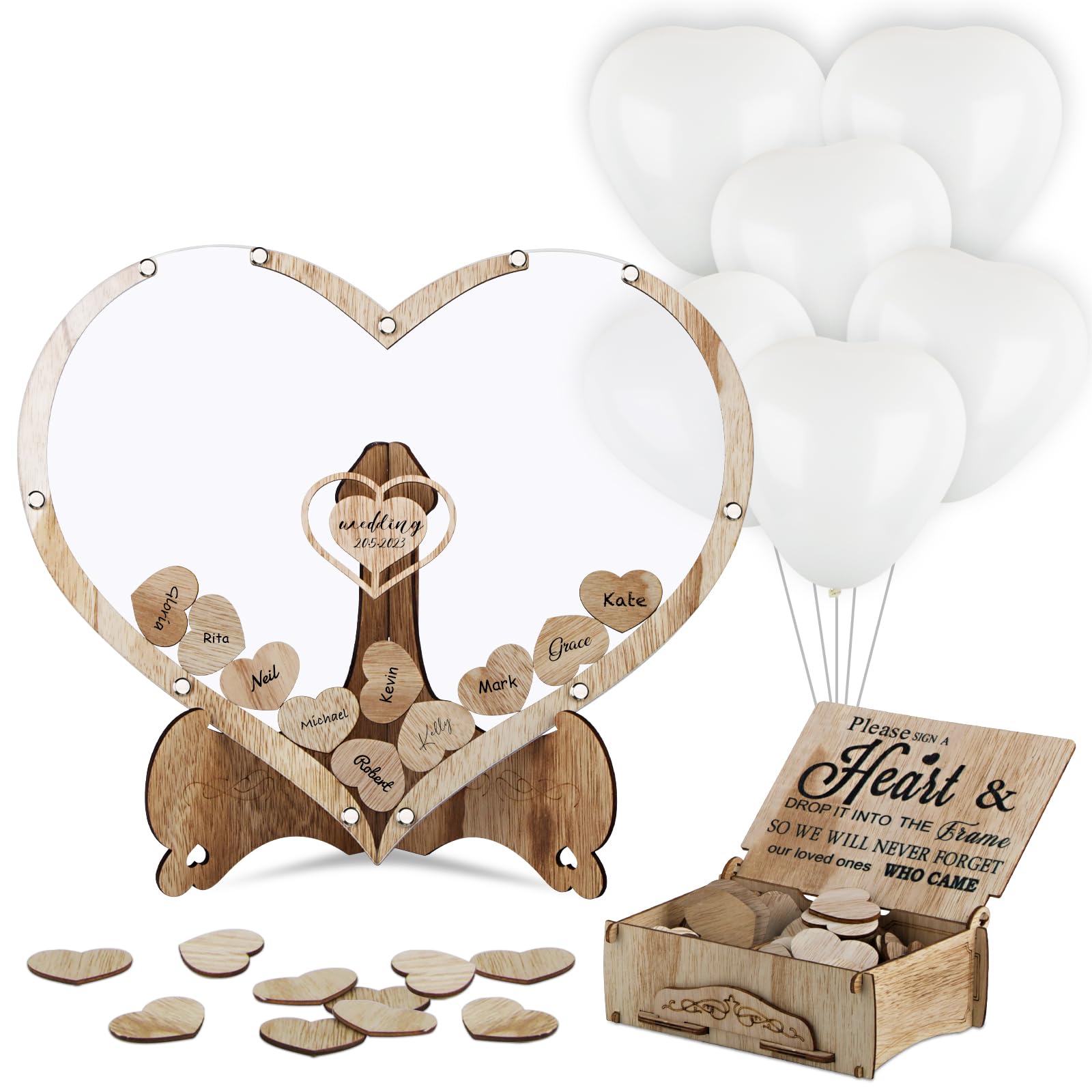 BOFUNX Libro de Firmas Libro de Visitas para Invitados de Boda +80 Piezas de Corazones Maderas para Escribir+Caja de Almacenaje+20 Globos en Corazón
