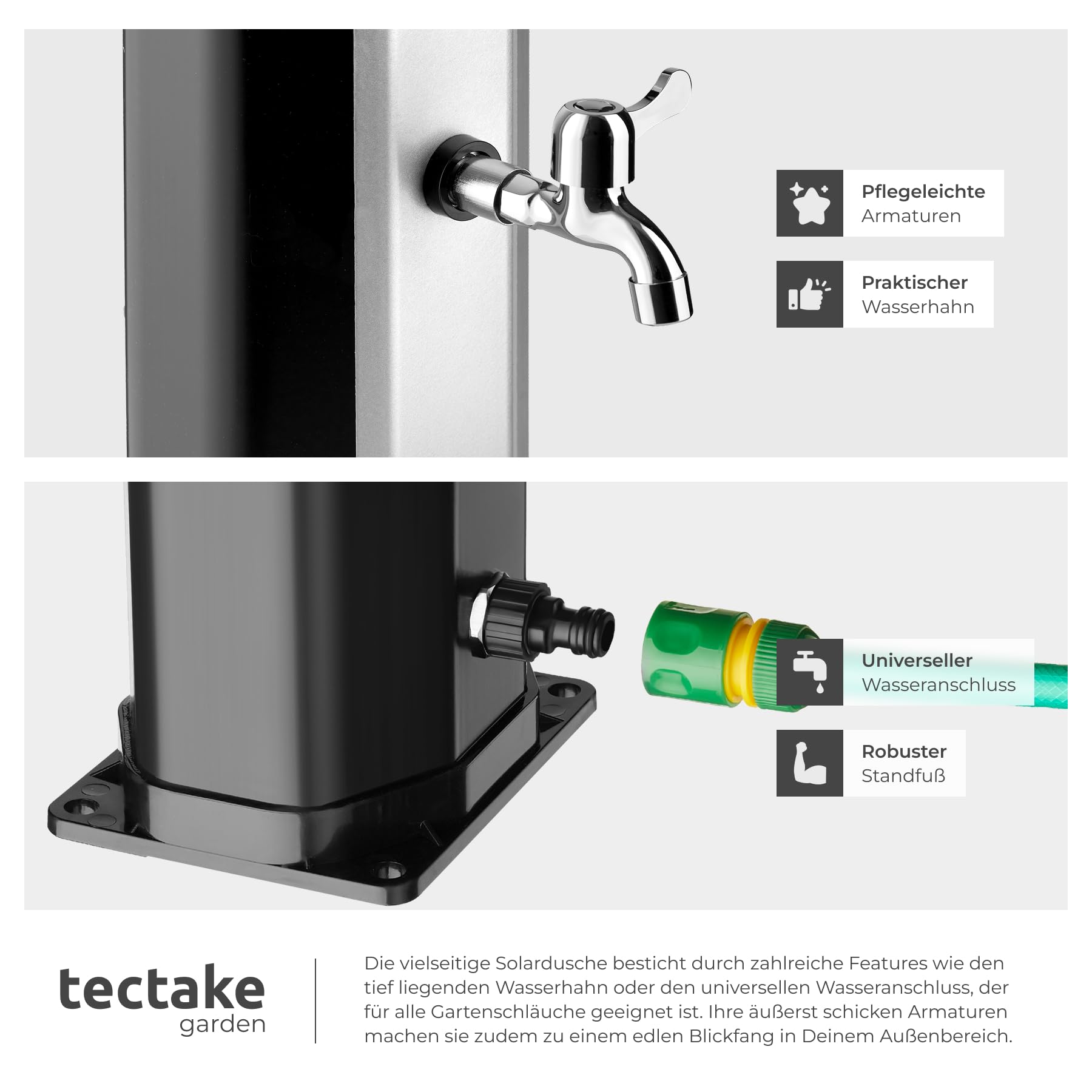 TecTake® Solardusche 35 l, bis 60° C warmes Wasser, drehbarer Regenduschkopf, mit Gartenschlauch-Anschluss und Wasserhahn, Solar Dusche Garten, Gartendusche, Camping Dusche - schwarz/Silber