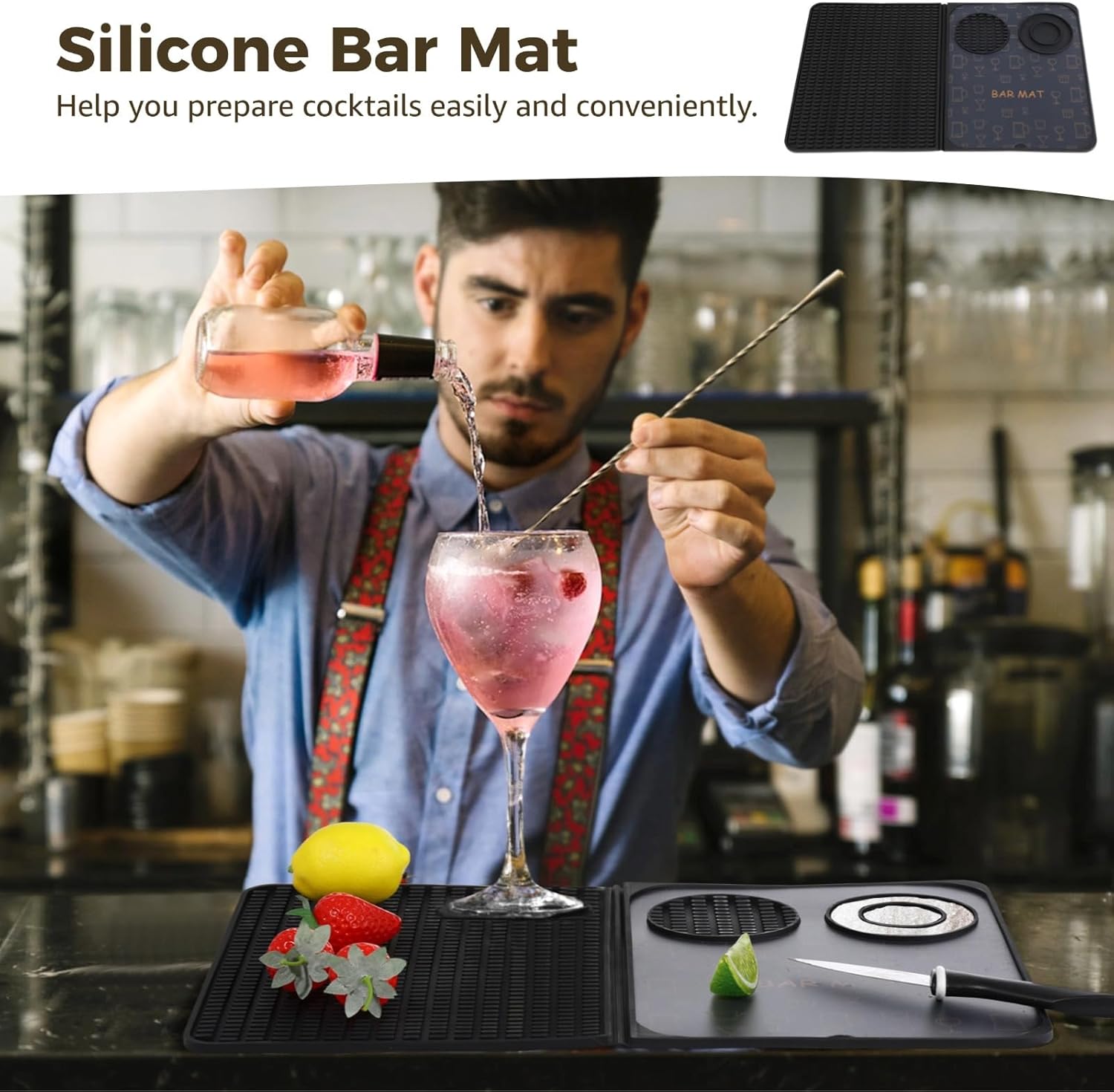 Generic Foldable Silicone Bar Mat for Cocktail Prep, Non-Slip Cutting Board, Heat Resistant Drying Mat for Kitchen and Coffee, Portable Dish Rack