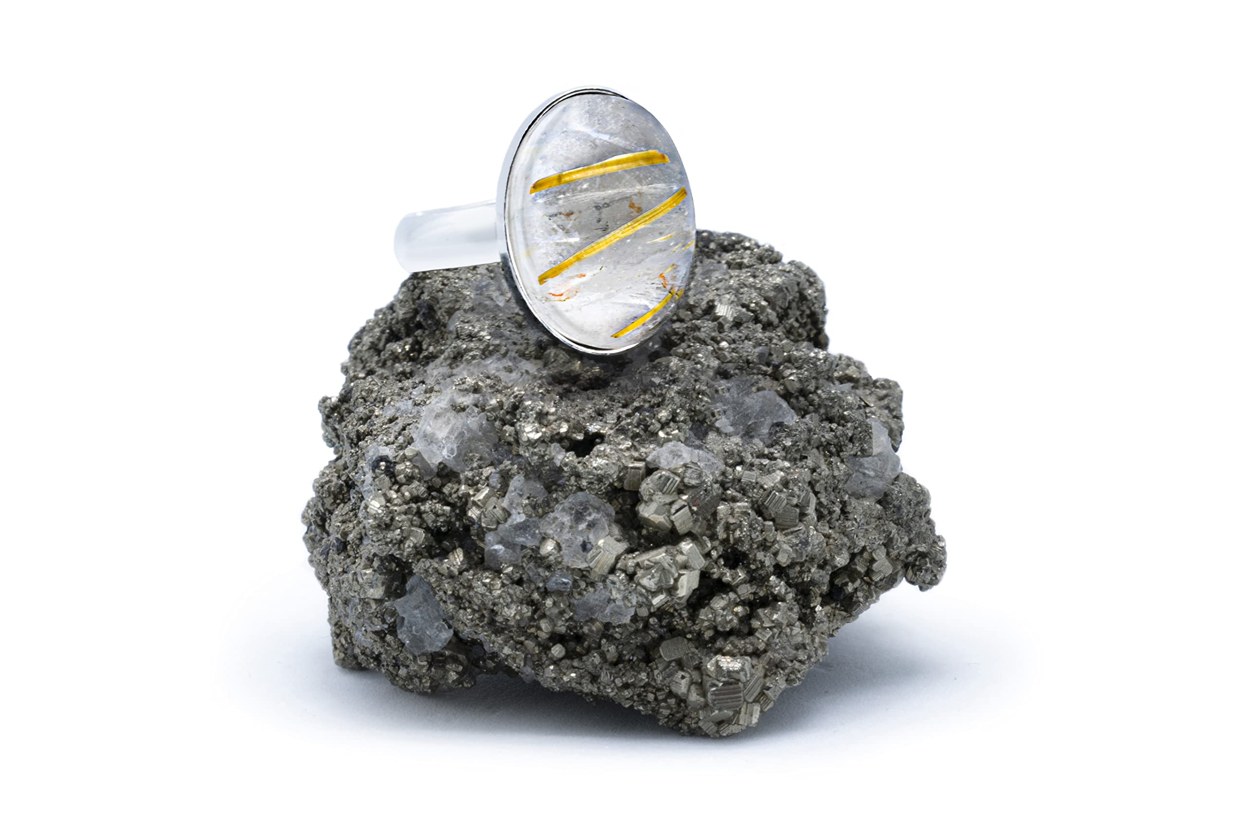 Anillo de Plata 925 con Cuarzo Rutilado Dorado (Piedra Natural) 14x10mm - Disponible Anillo Ajustable, Tamaño de XS a XXXL, para Hombre, para Mujer - Caja Regalo Gratis