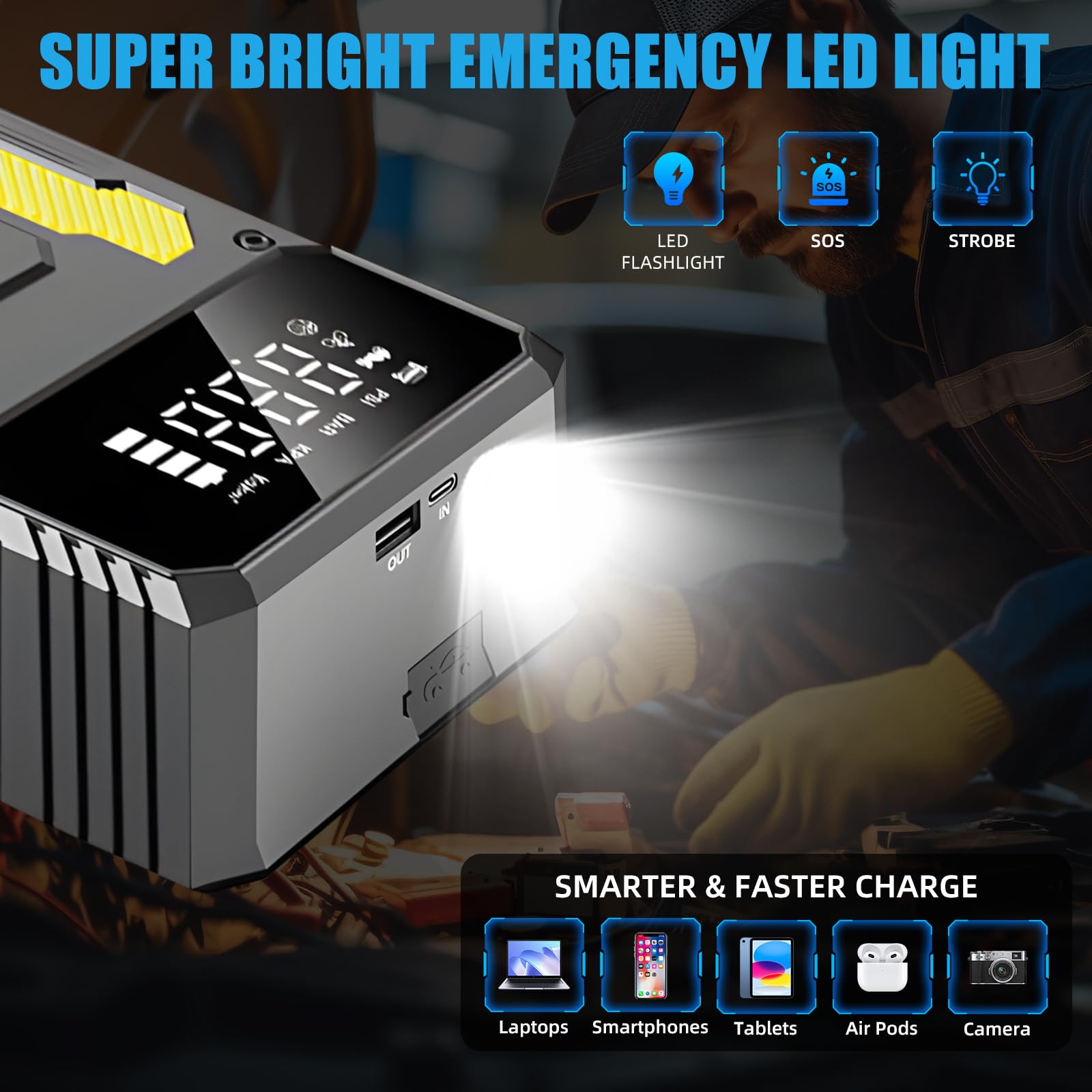 Tragbares Auto-Starthilfegerät mit Luftkompressor 6000A – Batterieladegerät, Powerbank mit LED-Taschenlampe & LED-Display