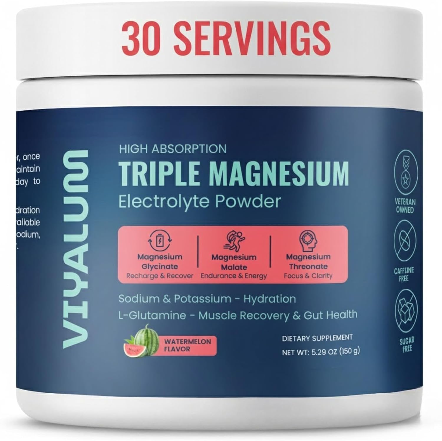 Triple Magnesium Electrolyte Powder | 250 mg High Absorption Magnesium Glycinate, Malate & Threonate | Sodium & Potassium Hydration Mix with L-Glutamine | Zero Sugar | 30 Servings (Watermelon)