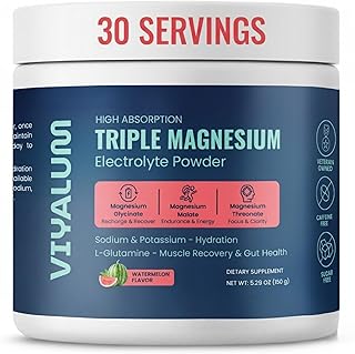 VIYALUM Triple Magnesium Electrolyte Powder | 250 mg High Absorption Magnesium Glycinate, Malate & Threonate | Sodium & Potassium Hydration Mix with L-Glutamine | Zero Sugar | 30 Servings (Watermelon)