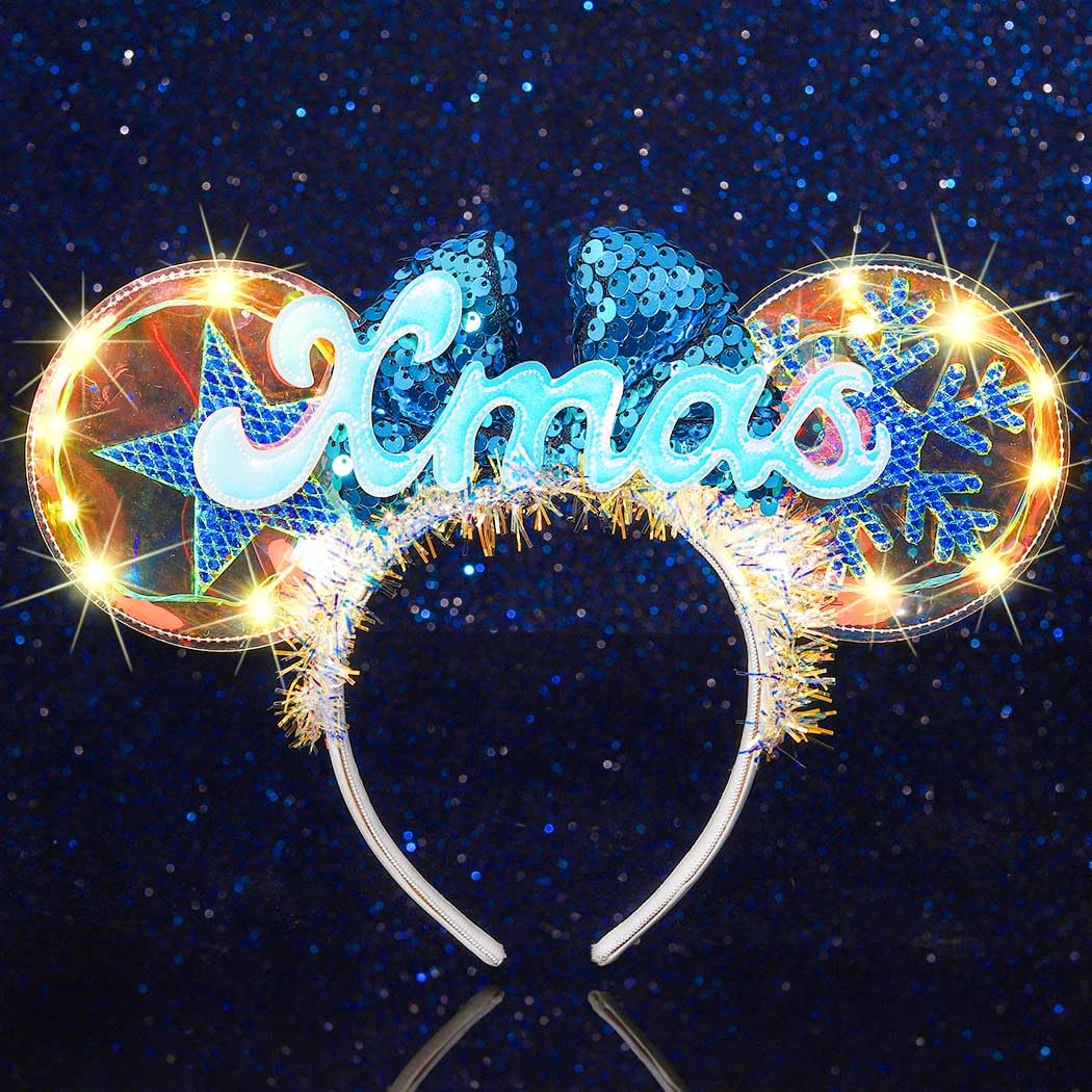 Handcess Diadema con luz de Navidad con purpurina, lazo de Navidad LED, banda para el pelo con estrella brillante, accesorios para mujer (amarillo, talla única)