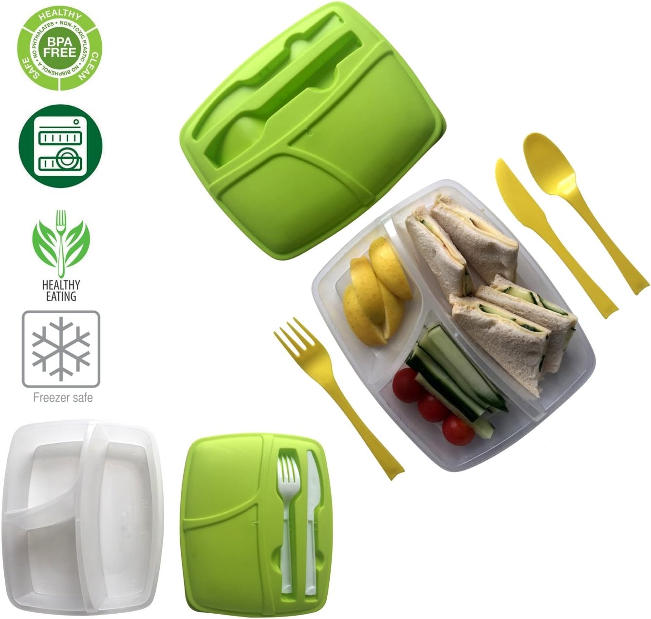 Compartment LunchBox with 3 sections Cutlery Set Food Storage Container with Lid BPA Free Microwavable Freezer Dishwasher Safe (Pink)