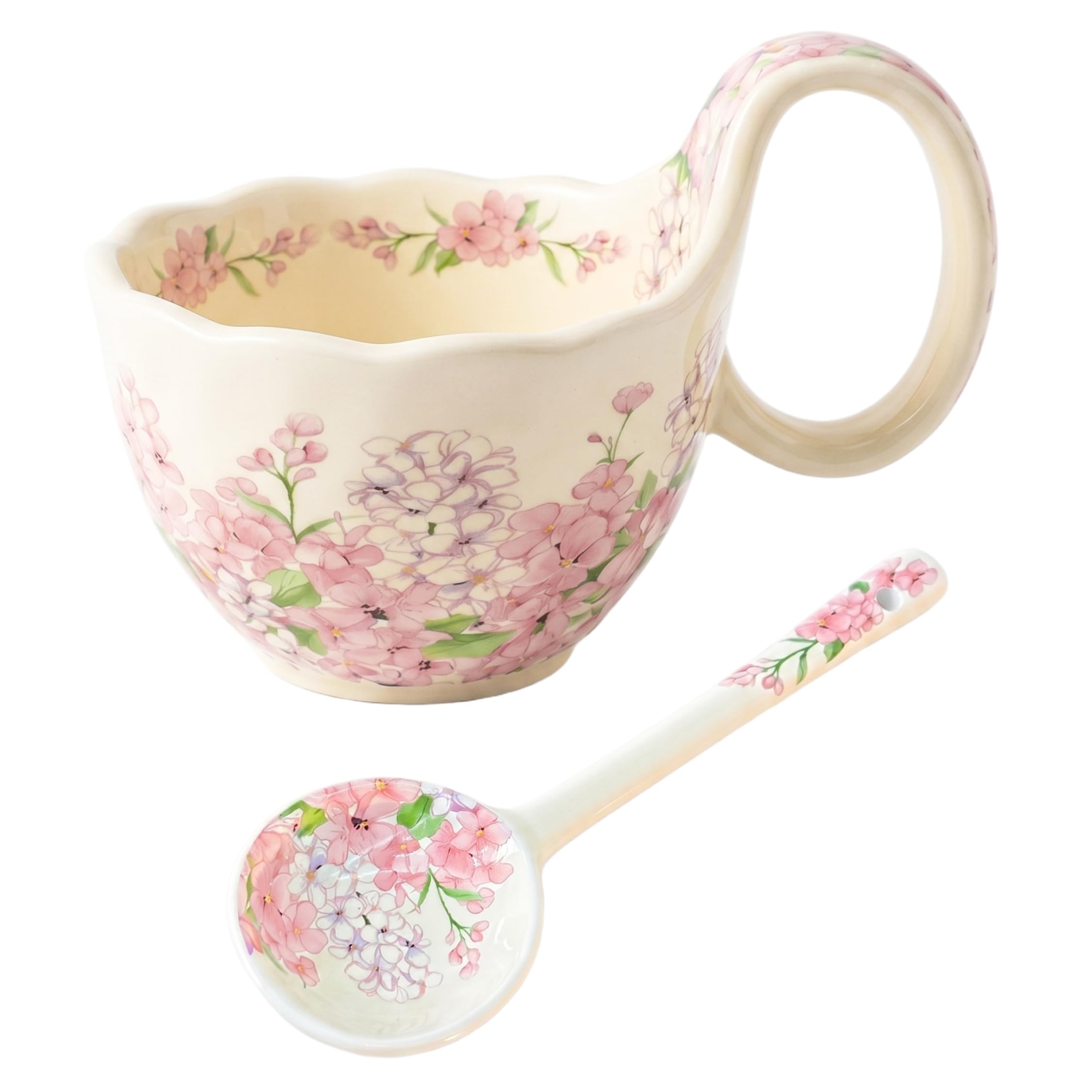 Neptuiby Soup Bowls with Handles, Ceramic Floral Soup Mug with Matching Spoon Ideal for Oatmeal, Stews & More