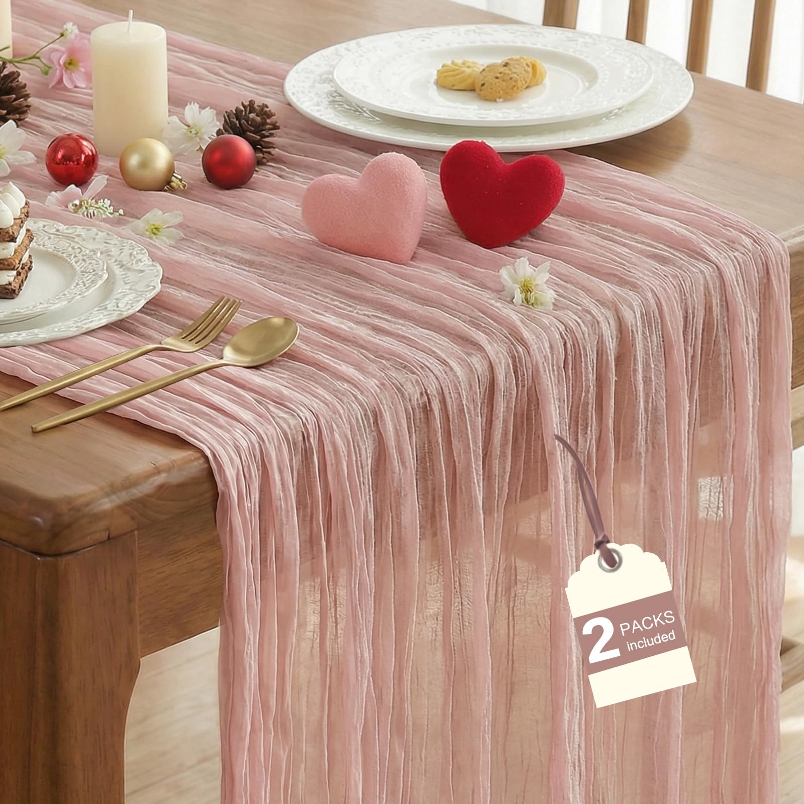 IVAPUPU 2 Pcs Cheesecloth Table Runner - 10ft Dusty Pink Boho Gauze Cheese Cloth Table Runners for Baby Shower Decoration Wedding Party Summer Garden Decor Valentines Day Decorations