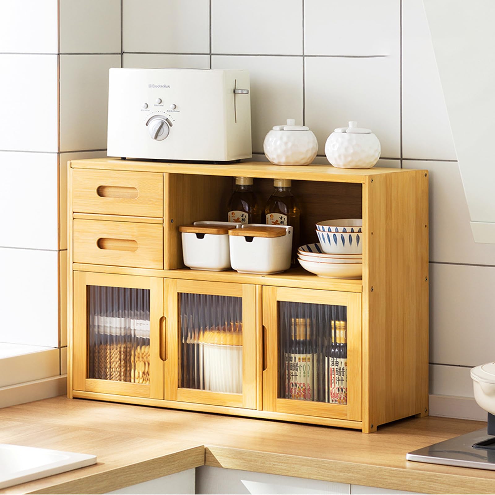 Geschirr- und Gewürzschrank für den Schreibtisch, Küchentisch-Aufbewahrungsschrank, Organizer, Arbeitsplatten-Sideboard mit mehrschichtigem Gewürzregal und Geschirrschrank zur Aufbewahrung i