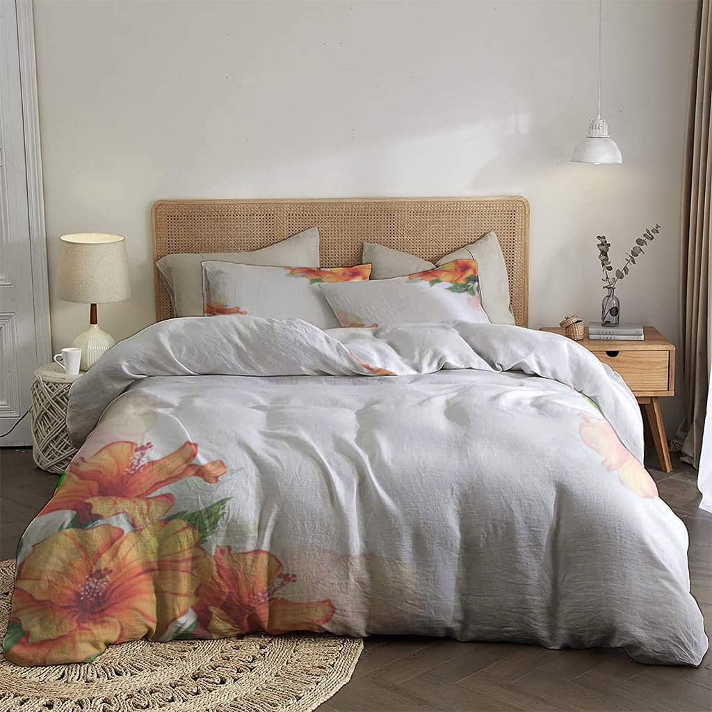 NIBAINLO 布団カバーオレンジ色のハイビスカスの花と緑の葉の水彩画の花柄 肌に優しい ピーチスキン加工 掛け布団カバー 和式 洋式 あったか 布団カバーセット リバーシブル ホームステイ ホテル 家庭兼用