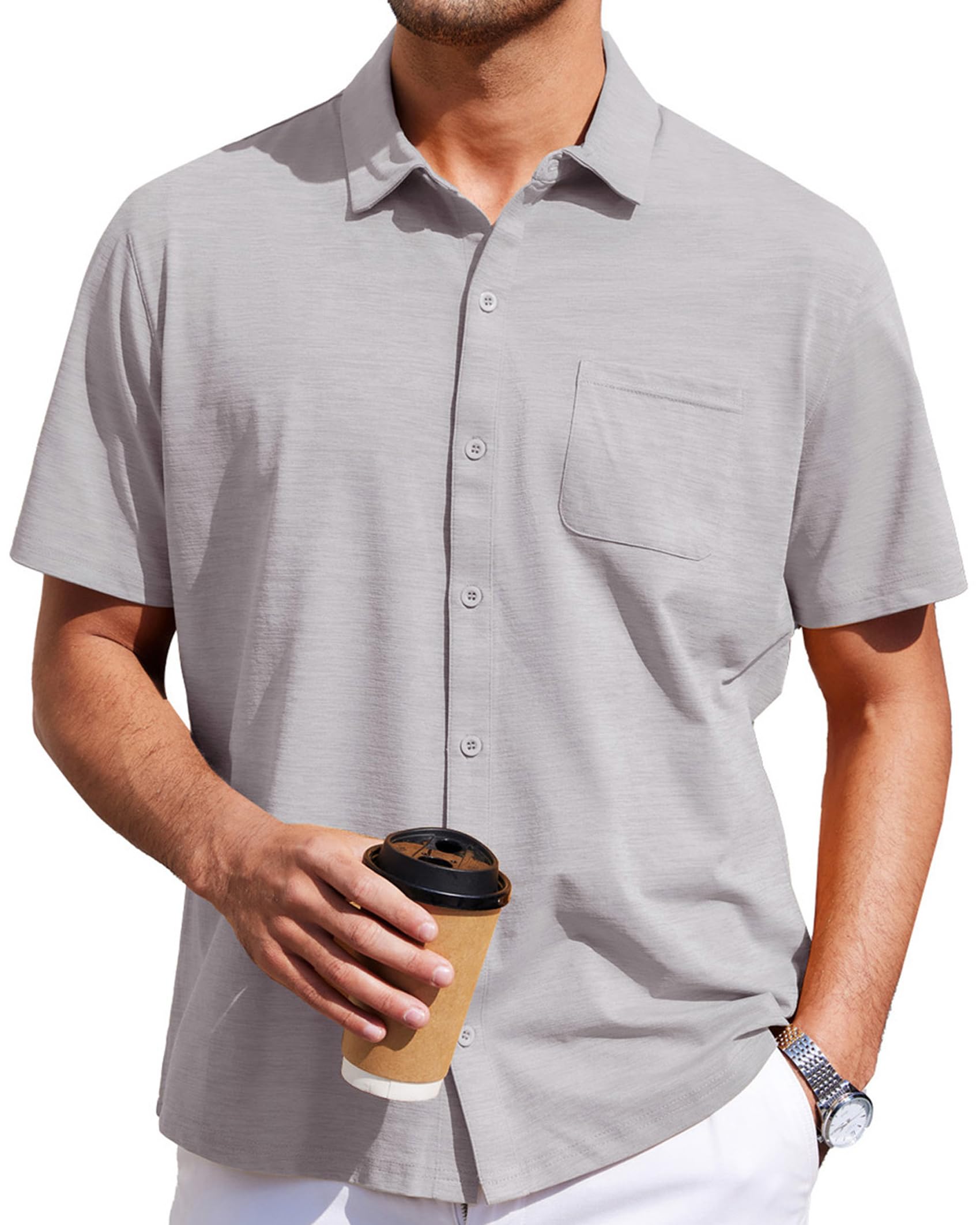 BANZHUKE Mens Short Sleeve Dress Shirts Business Casual Button Down Shirt Summer Beach Wedding Untucked Shirts with Pocket