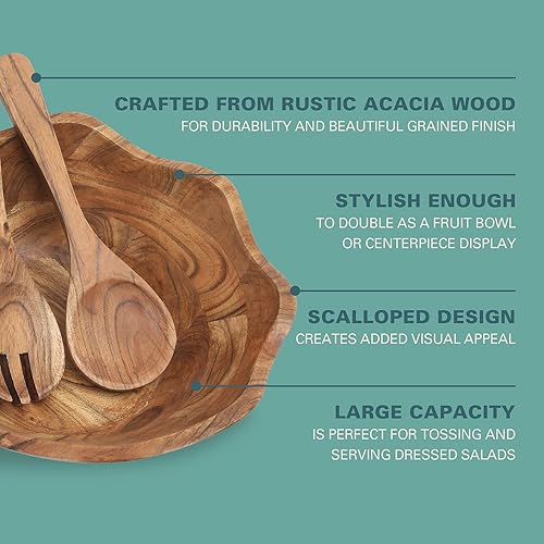 Miniatura 3 de Gibson Home Sandhurst - Juego de 3 cuencos de ensalada de madera de acacia  Tazón festoneado de 12 pulgadas con servidores de ensalada de madera