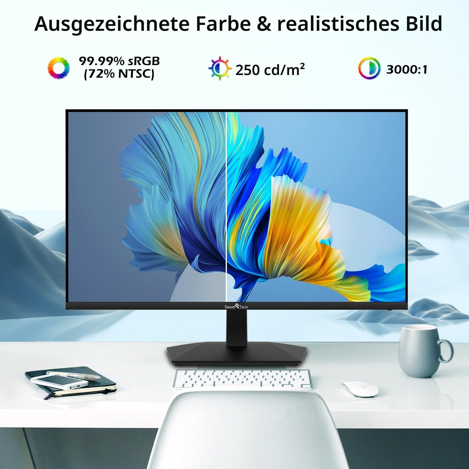 Smart Tech Monitor 24 Zoll, Business PC Bildschirm mit Lautsprecher, IPS Panel, FHD Monitor 1080p, Adaptive-Sync, 4ms, Eye Comfort, VESA 75x75, USB-C HDMI1.4 VGA