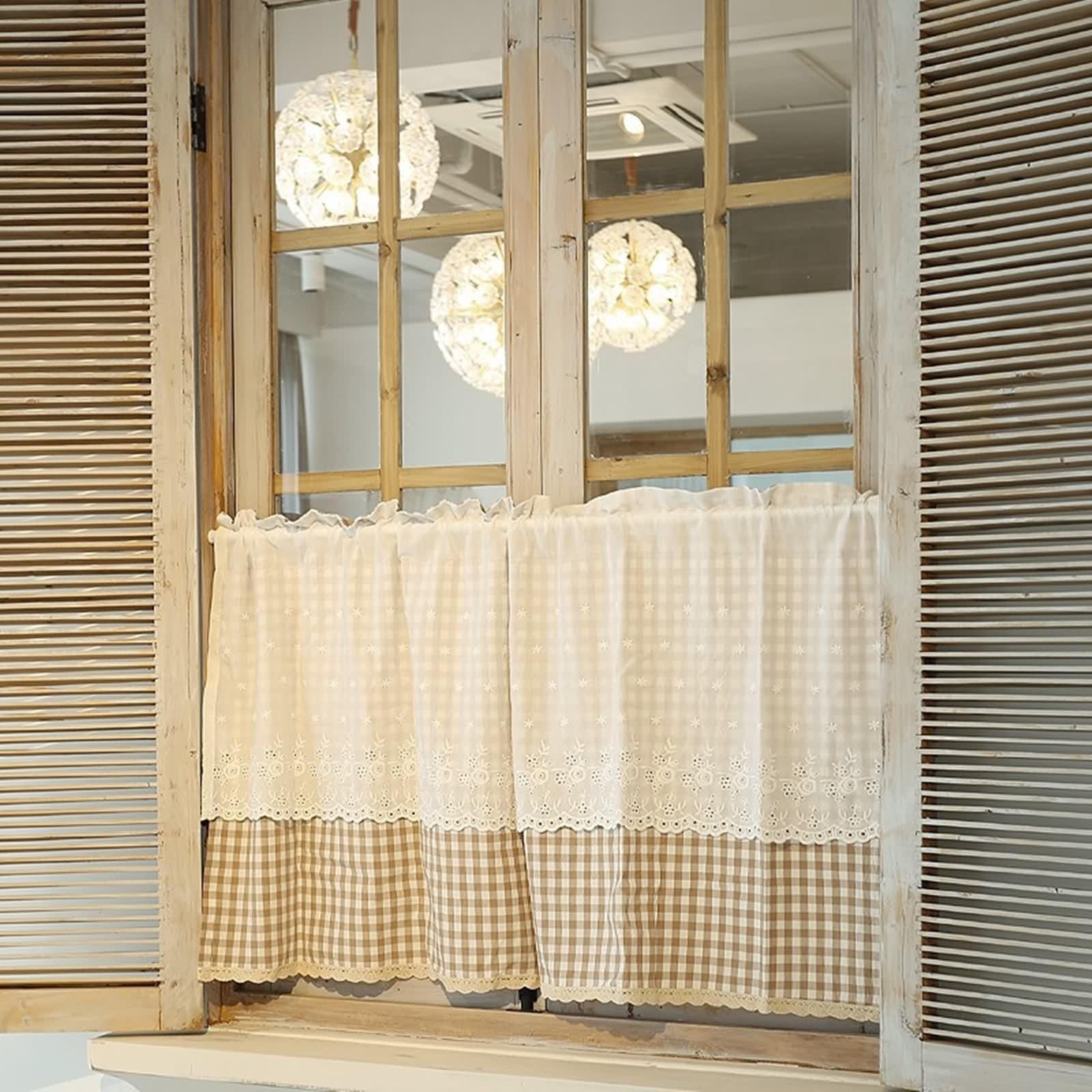 Rideaux Courts Occultants, Beige Kaki Rideau Fenetre Cuisine Lot de 2 Coton Motif À Carreaux avec Dentelle LxH 115x115cm