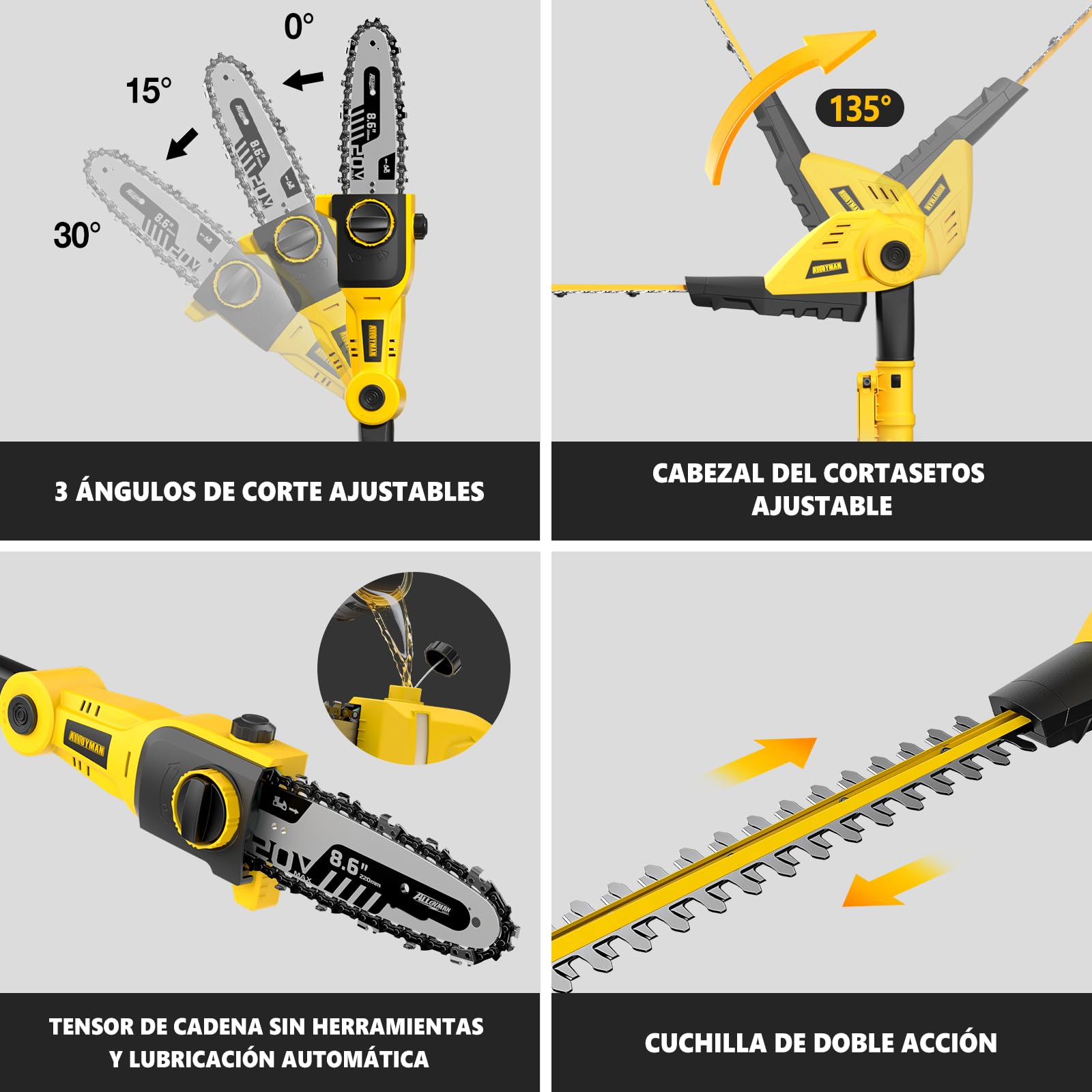 Alloyman 20V MAX Cortasetos y Motosierra Telescópica Inalámbricos 2 en 1, con 2 baterías de 4,0 Ah y Cargador, 2,4 m de Sierra y Cortasetos telescópicos para arbustos y setos