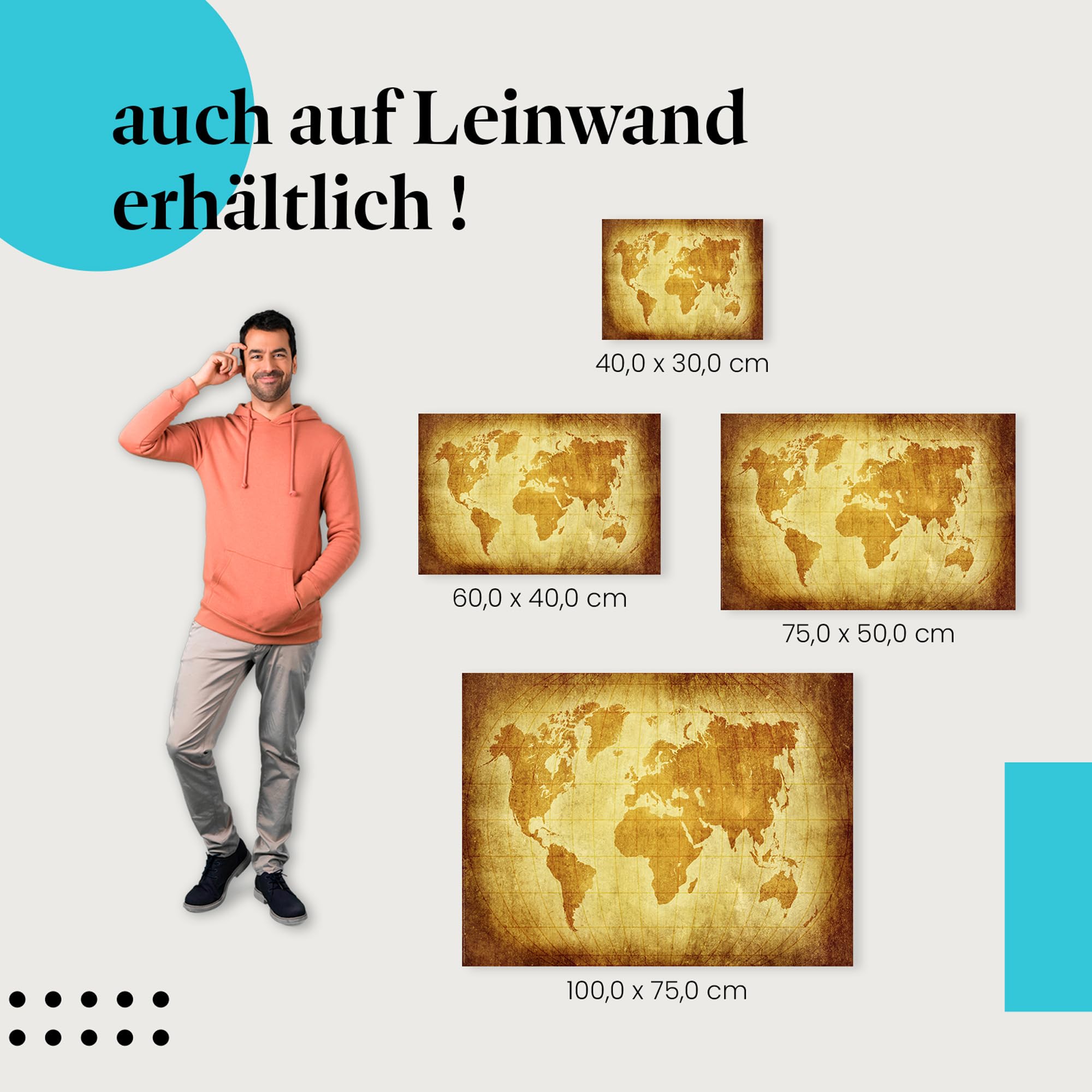 Postereck - 0273 - Vinatge Weltkarte, Erde Kontinente Karte - Unterricht Klassenzimmer Schule Wandposter Fotoposter Bilder Wandbild Wandbilder - Leinwand - 100,0 cm x 75,0 cm