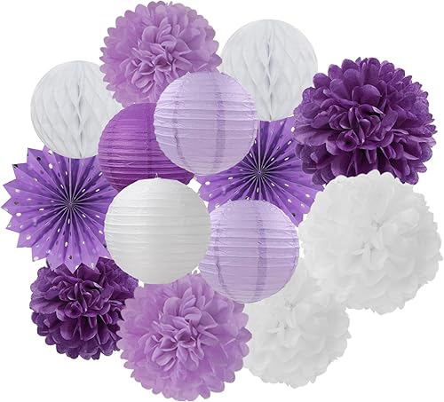 Serpentinas de decoración de fiesta de lavanda púrpura y blanca  14 linternas de papel para mujeres y niñas, abanicos de papel de cumpleaños,