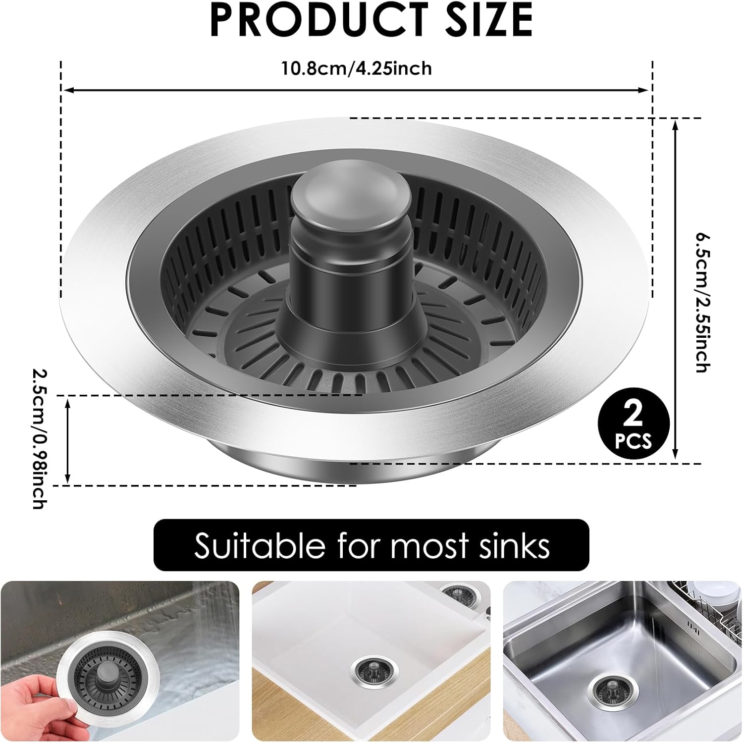 2 Pack 3 in 1 Kitchen Sink Drain Strainer,Pop Up Sink Stopper,304 Stainless Steel Kitchen Sink Strainer with ABS Basket,Anti-Clogging Drain Plug for Kitchen Sink,Hotel,Restaurant,xUniversal Fit