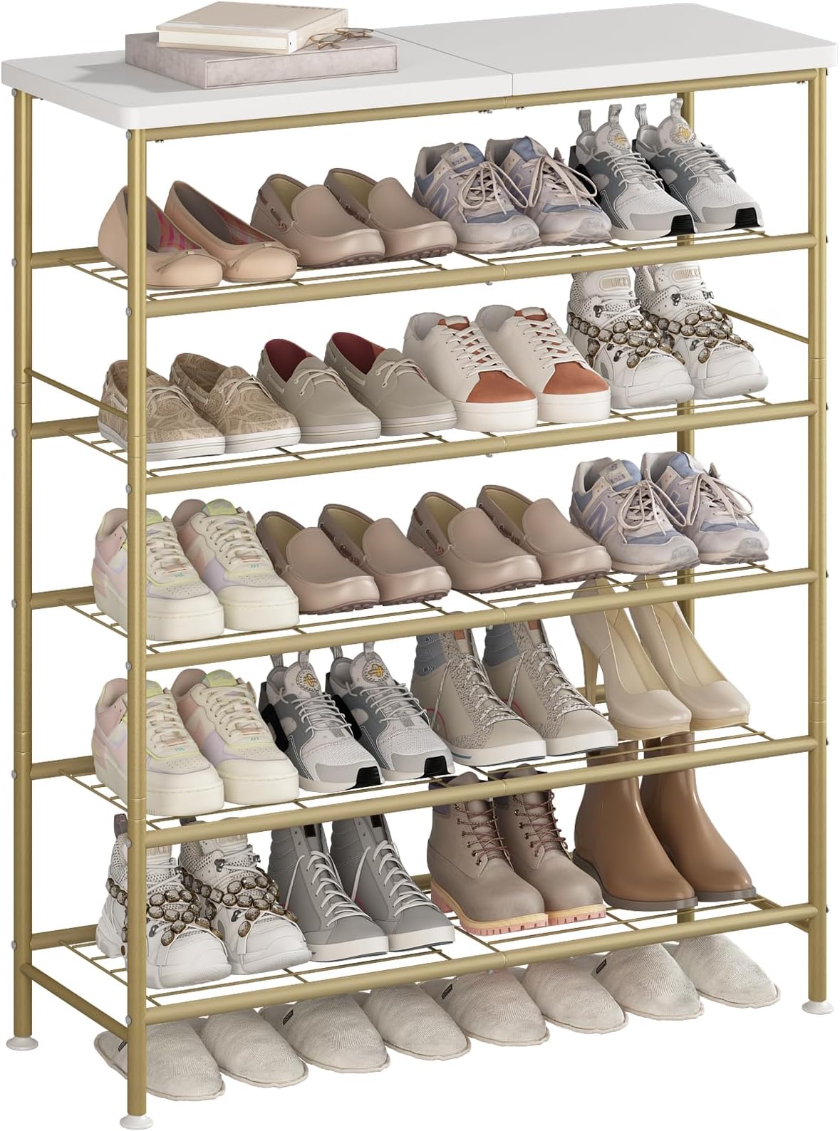 SUOERNUO Shoe Rack Organizer 6 Tier for Closet Entryway Free Standing Metal Storage Shoe Shelf with MDF Top Board，Gold