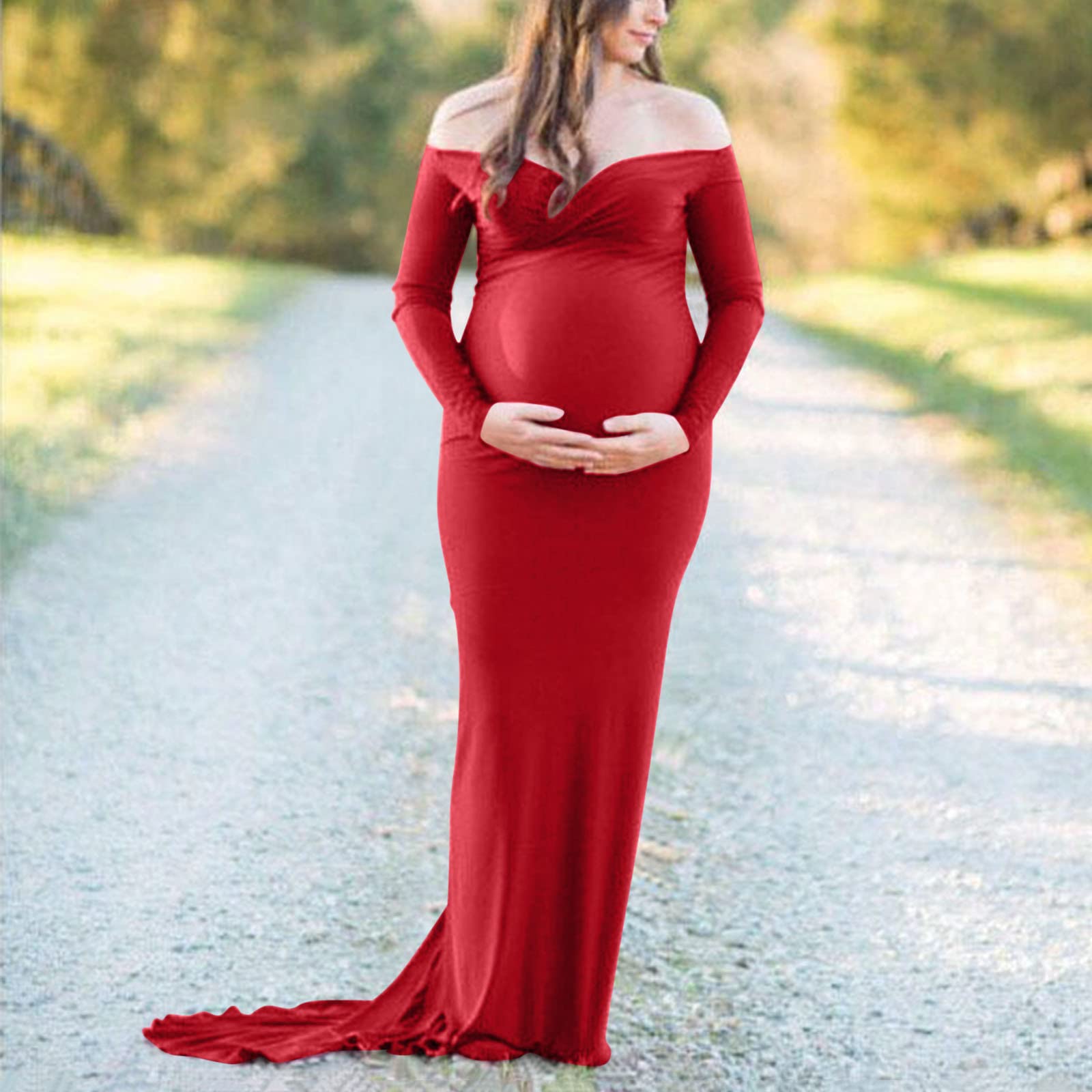 Generisch Abito lungo premaman per fotografia in gravidanza, tinta unita con maniche lunghe, morbido tessuto elasticizzato, comodo abito da allattamento per future mamme, adatto per occasioni formali