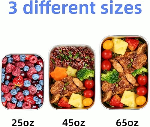 Miniatura 2 de Lonchera de acero inoxidable con tapa, paquete de 3 cajas Bento para el trabajo, viajes o pícnics, apto para lavavajillas, 25 onzas, 45 onzas, 65
