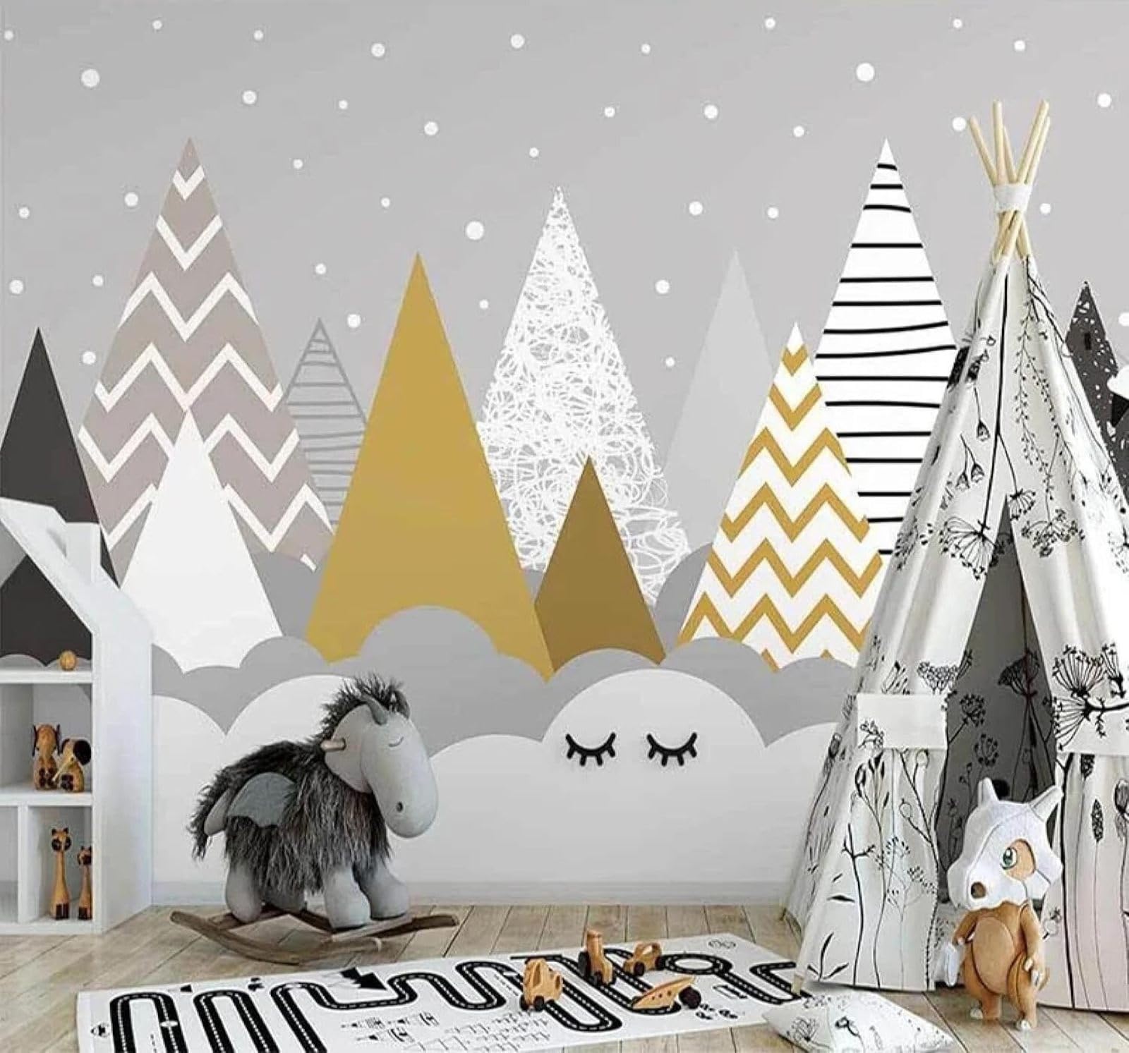 XLMING Hand Drawn Cartoon Colourful Geometric Mountaintop 3D Wallpaper Premium Textured Silk Study Dining Living Room Bedroom Sofa TV Wall Easy Install-430cm×300cm