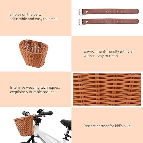 Miniatura 4 de isinwheel Cesta de bicicleta para niños con cinturones ajustables, mini manillar tejido de plástico hecho a mano, cesta de almacenamiento frontal,