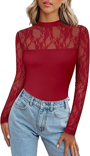 Zeagoo Long Sleeve Shirts for Women's Lace Tops Mesh Sheer Crew Neck Shirts Sexy Fall Going Out Blouse