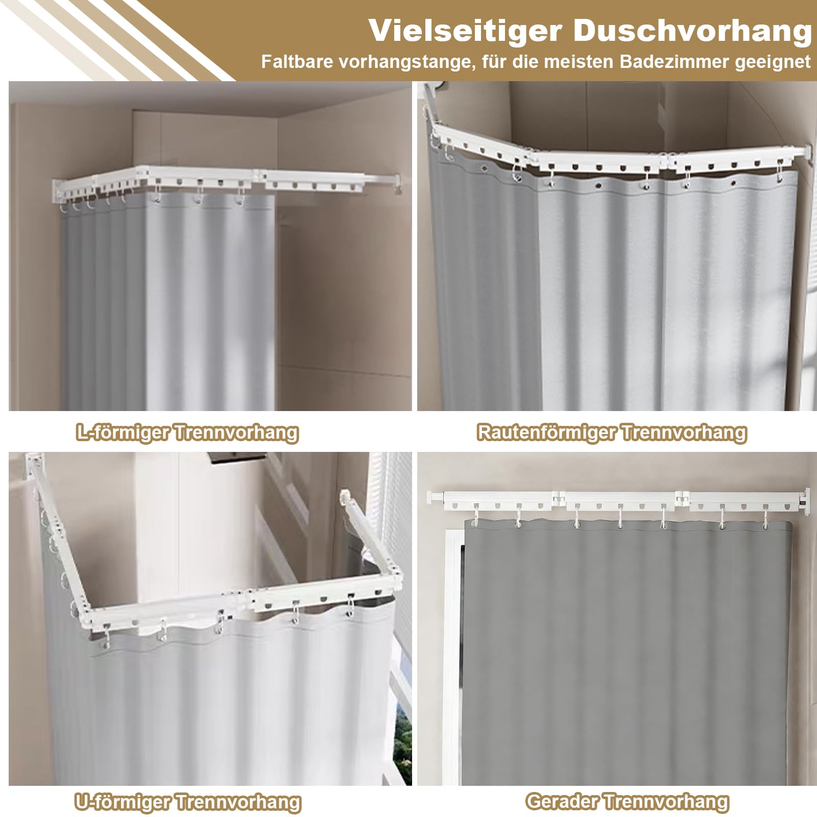 Barra de cortina de ducha plegable sin necesidad de taladrar, plegable en 4 posiciones y giratoria, aleación de aluminio, con 180 x 200 cm, cortina de ducha impermeable antimoho, para baño (blanco