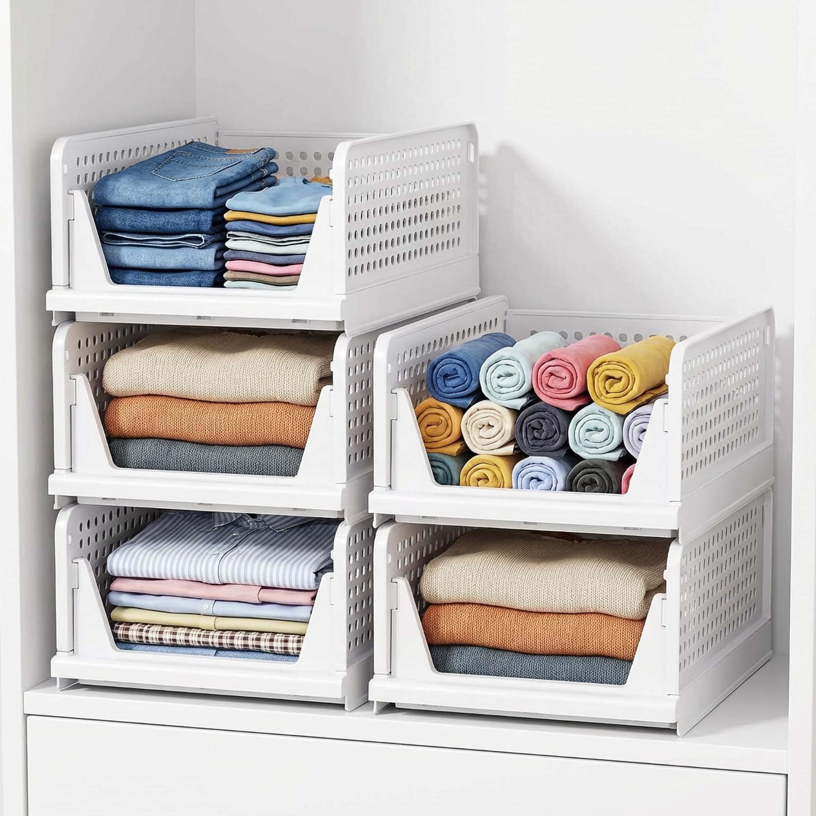 5 Pack Wardrobe Storage Baskets, Drawer Wardrobe Storage Organiser, Stackable Storage Boxes for Cupboard Kitchen Bathroom Bedroom (White)