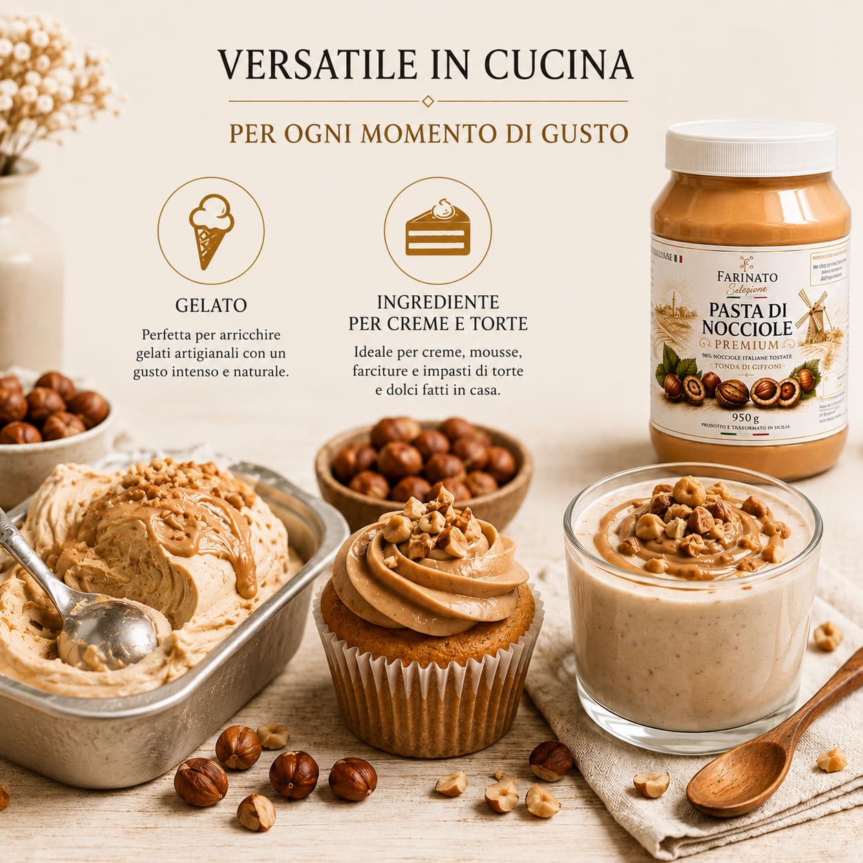 Pasta di Nocciole Premium 950g – 98% Nocciole Italiane Tostate Tonda di Giffoni – Pasta Pura per Gelato, Creme, Mousse e Pasticceria – Senza Olio di Palma – Farinato Selezione
