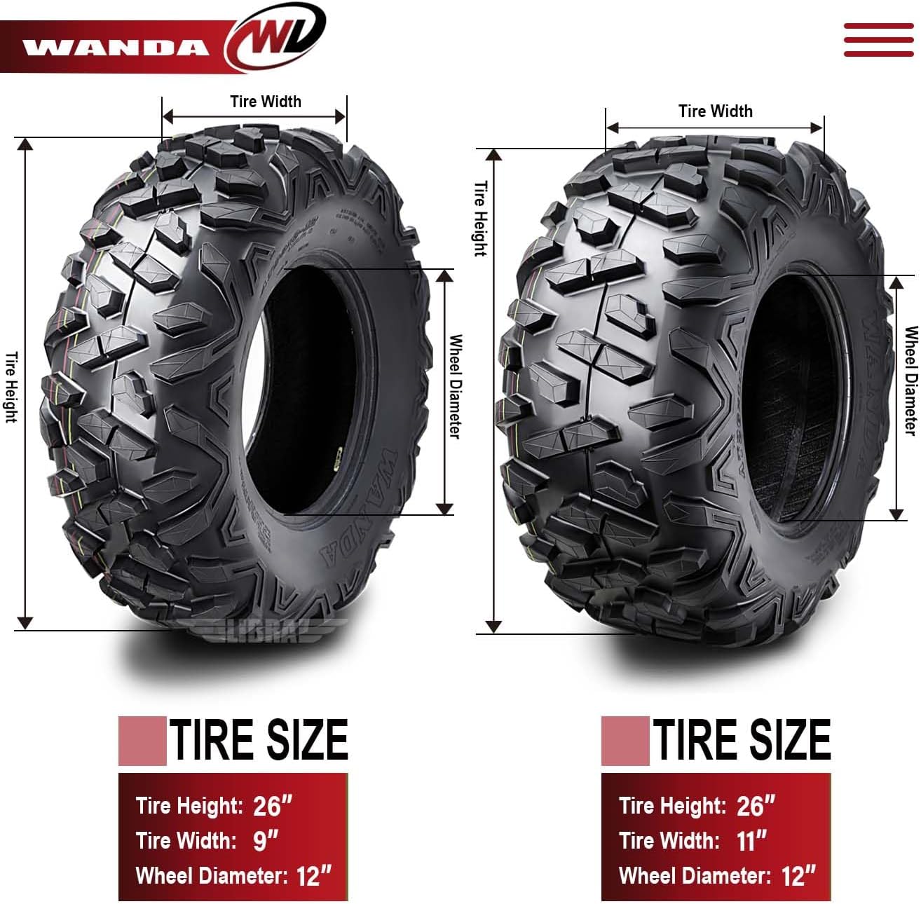 WANDA Set of 4 Radial ATV Tires 26x9R12 & 26x11R12 for 14-17 Polaris Ranger 900 CREW/XP