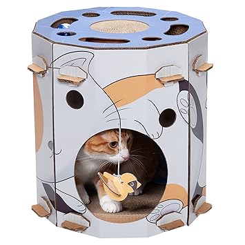 Furhaven Pet Furniture for Cats and Kittens - Tiger Tough Busy Kitty Hideaway Cat Scratcher Playhouse with Puzzle Box, Toys, and Catnip, Cat Print, One Size