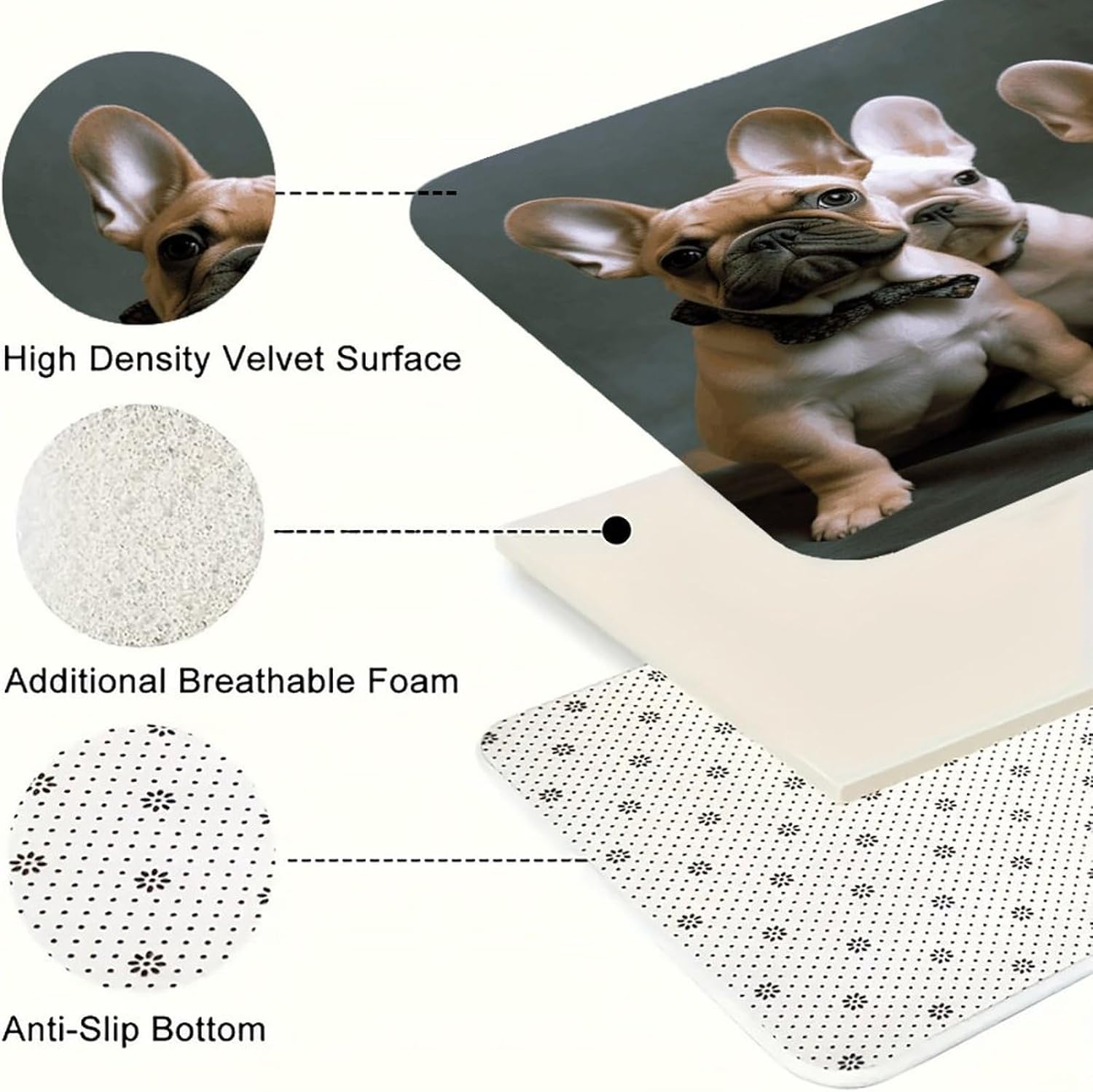 French Bulldog Puppies Kitchen Mat Washable Non Slip Rugs Soft Kitchen Mats for Floor Set of 2 PCS Cushioned Absorbent Runner Standing Rugs for Home Sink Laundry Office