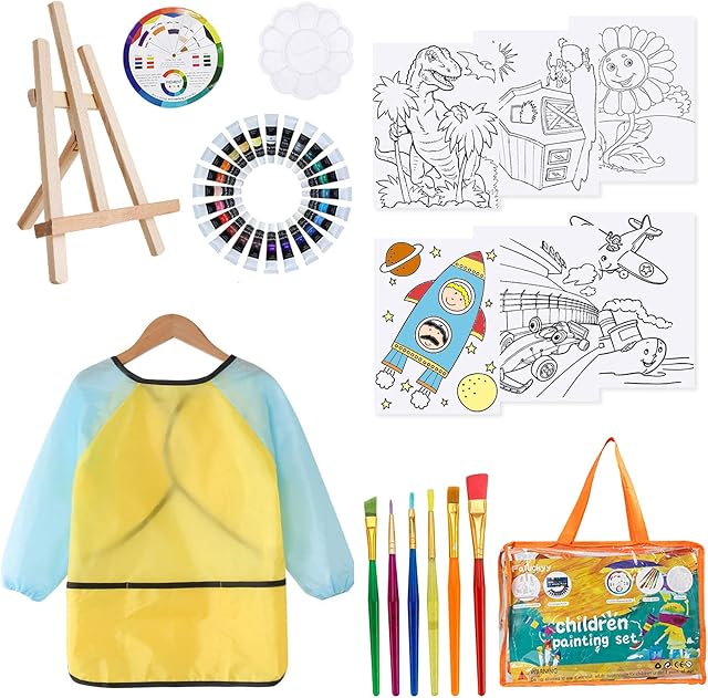 FALUCKYY 29 Pcs Artist Painting Sets, Acrylic Paint Set for Kids with 12 Acrylic Paint, 6 Paint Brushes, Mini Table Easel, 6 Canvas, Palette, Pantone, Apron, Carry Bag for Toddler Crafts(29Pcs)