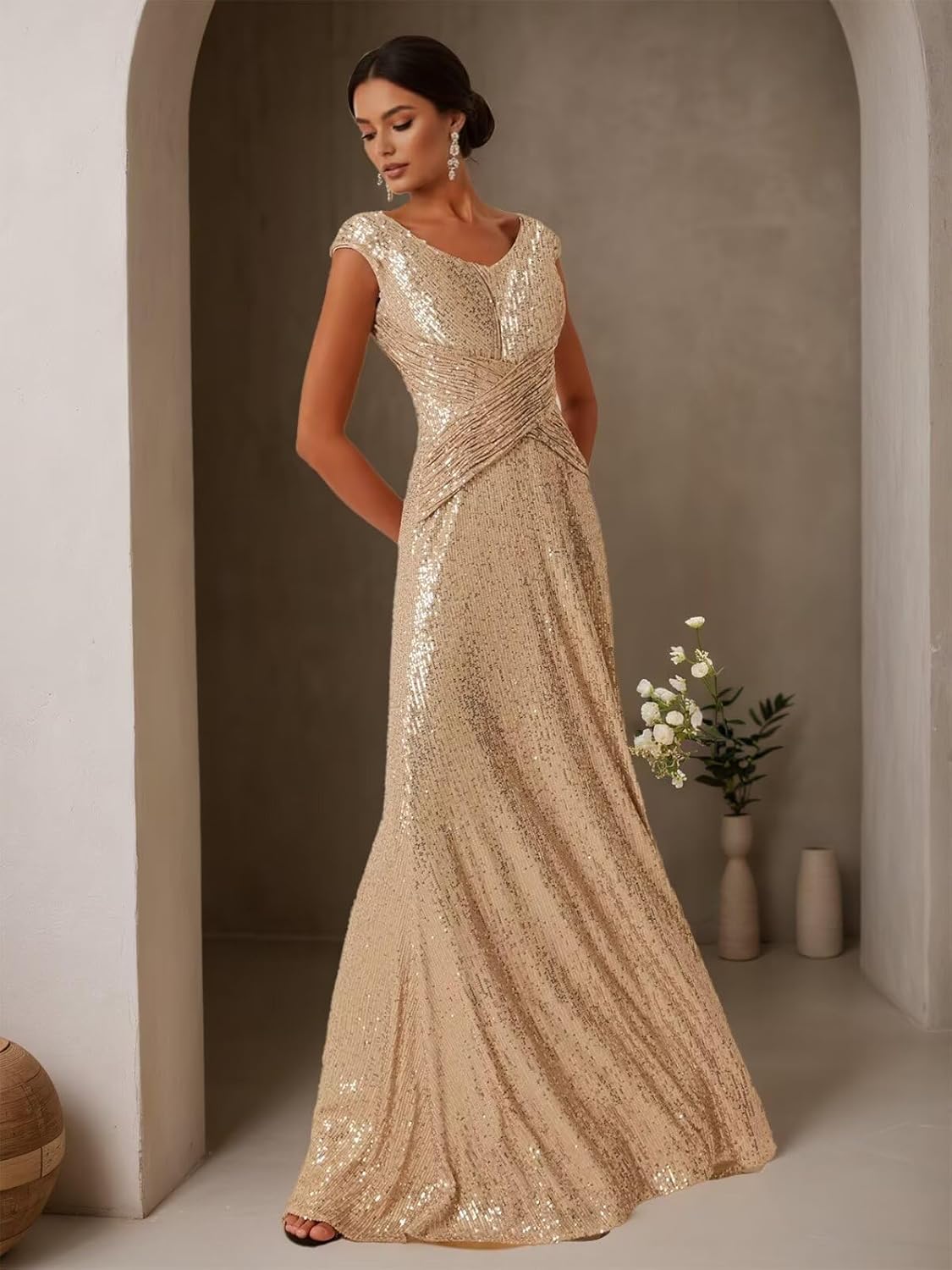 RYANTH Sparkly Sequin Mother of The Bride Dresses for Women Cap Sleeve Prom Dress Ruched Formal Evening Gowns - Image 3