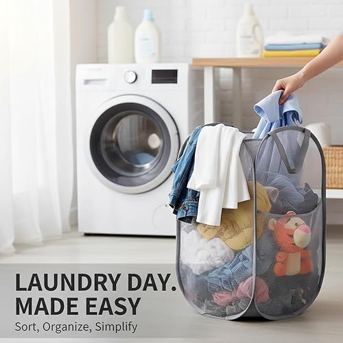Miniatura 4 de Kimmama Cesta de lavandería plegable grande de malla, plegable con bolsillo lateral, contenedor de almacenamiento de ropa extraíble con asa