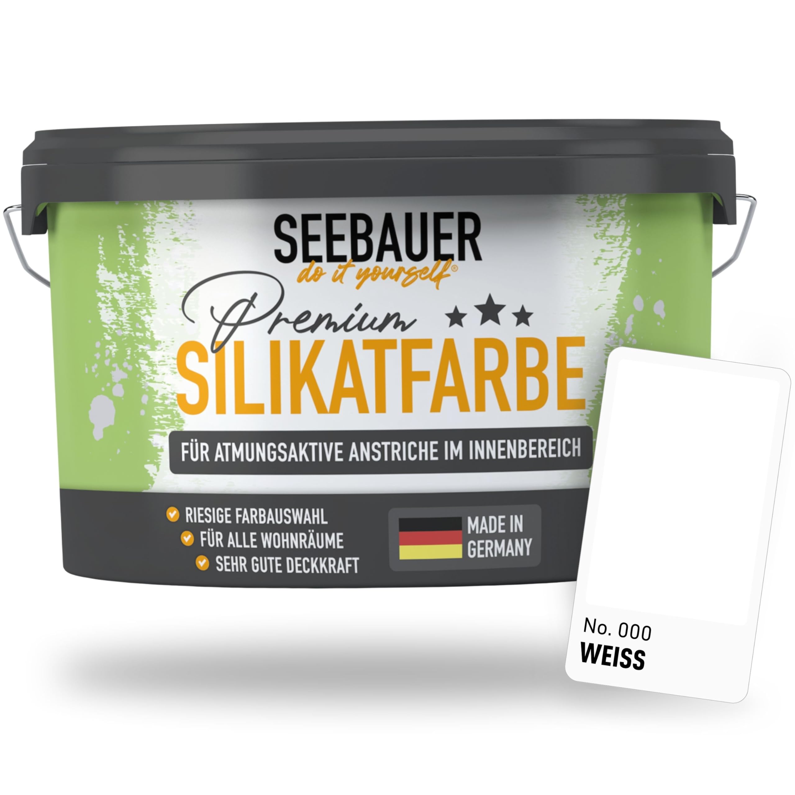SEEBAUER diy Silikatfarbe Weiß 5L für Innen (No. 000 Weiß) Atmungsaktive Mineralfarbe für Allergiker - Abwaschbare Wandfarbe - Farbtöne hohe Deckkraft