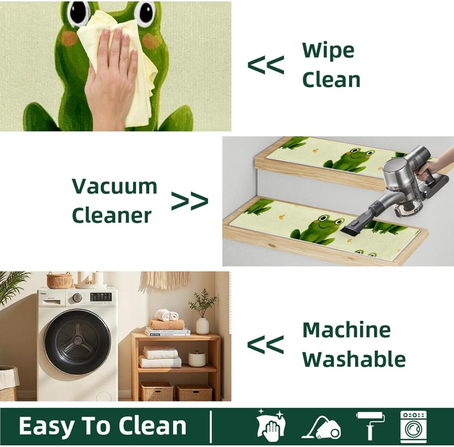 15 Pack Cute Frog Carpet Stair Treads for Wooden Steps Indoor, Slip Resistant Stair Rug Staircase Step Treads Pads for Pet, Kids and Elderly