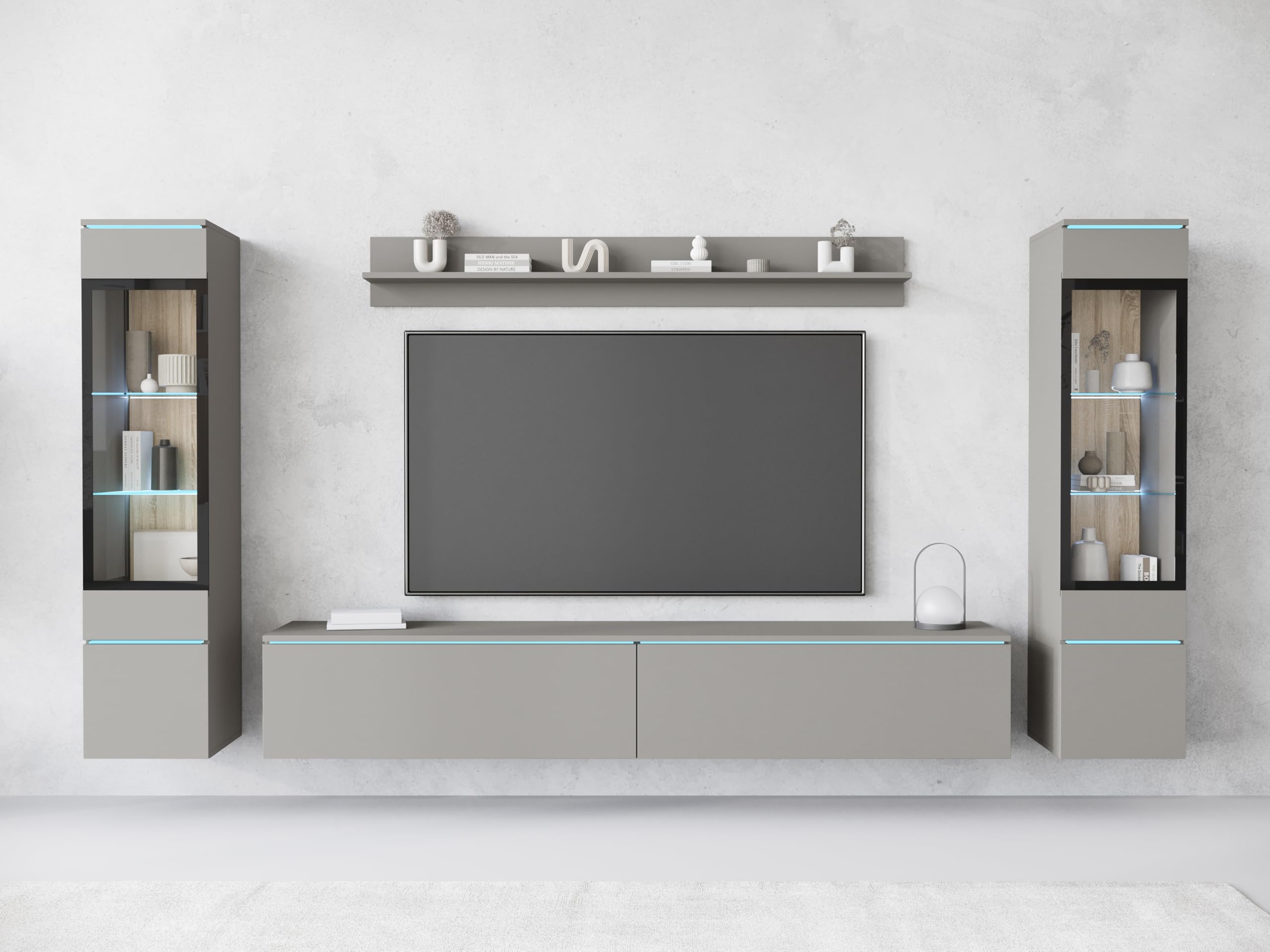 MINIO go for it - Wohnwand 4-Teilig Set Veve 2, Hängend/Stehend - mit LED | Vitrine, Lowboard, Wandboard, Farbe: Grau matt