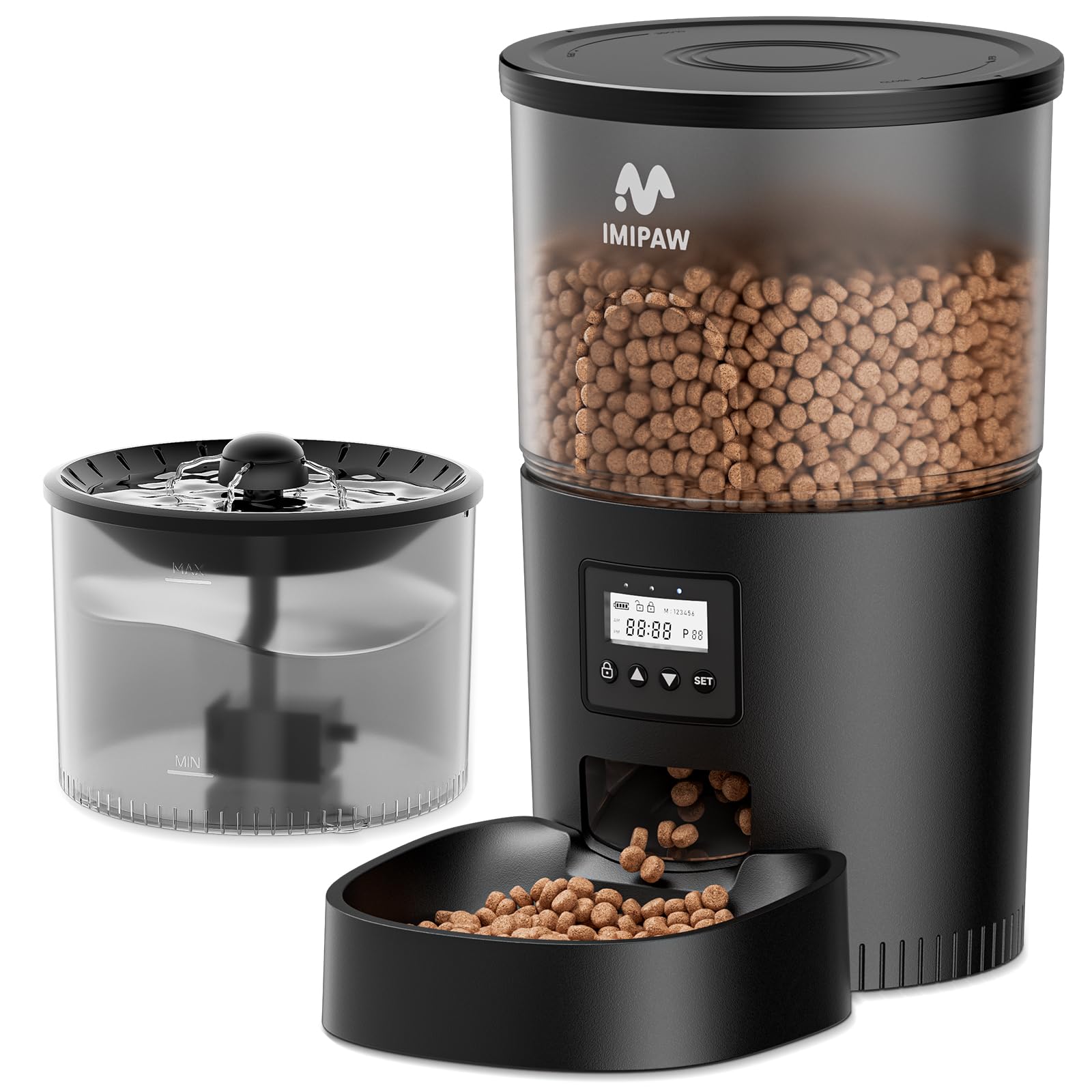 IMIPAW Comedero Gato Automatico y Fuente para Gatos Combo, Dispensador Comida para Perros, Gatos, 1-6 Comidas al Día, 1-20 Porciones por Comida, 3L Combo (Negro - Botón)