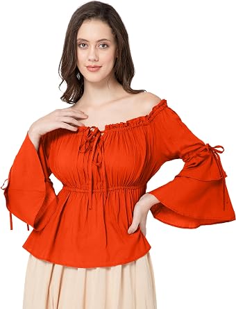 ThePirateDressing Womens Renaissance Medieval Pirate Peasant Steampunk Bell Sleeve Peplum Blouse Top Shirt