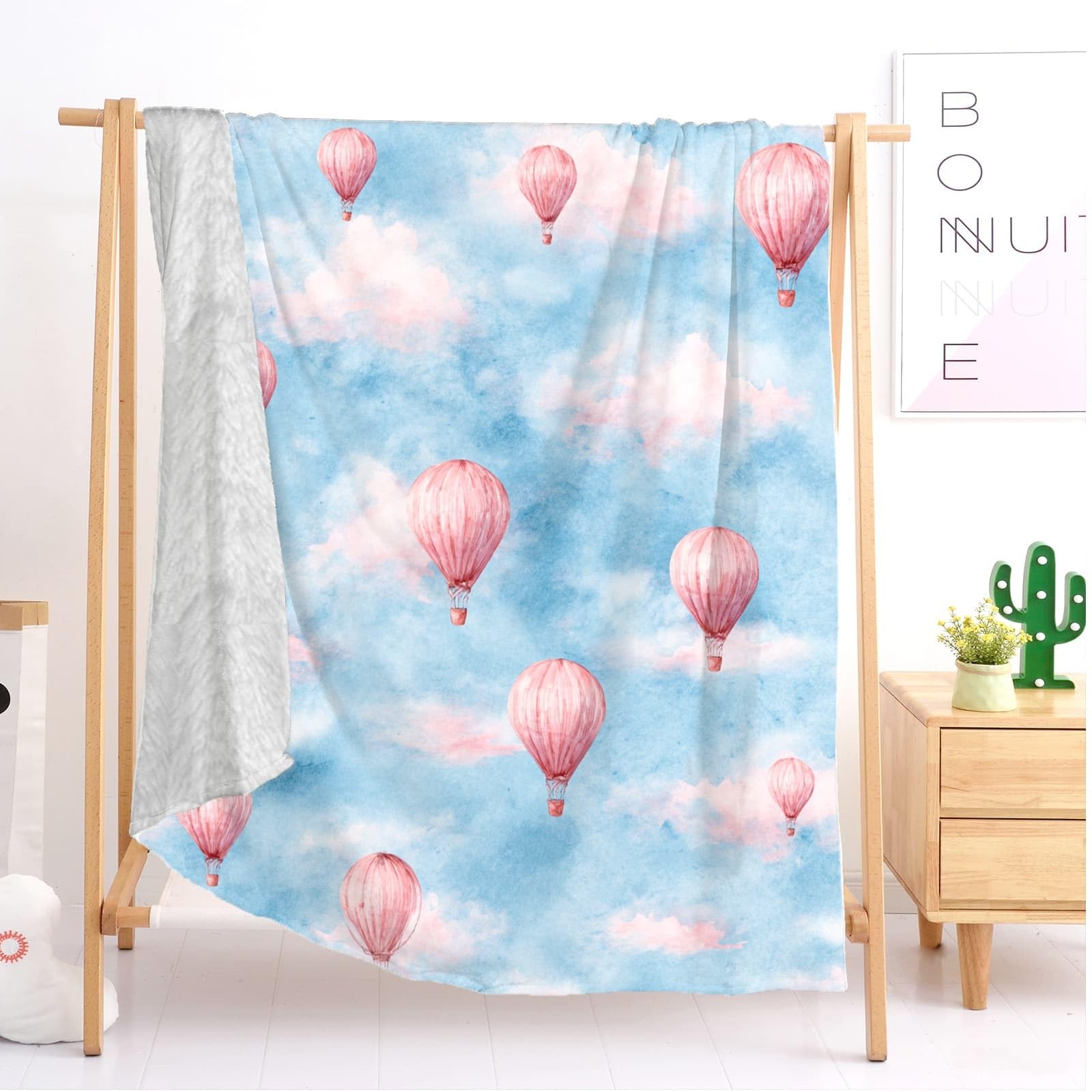 Koc polarowy, sherpa, puszysty, flanelowy, super king, 180 x 220 cm, romantyczny akwarela, balon na gorące powietrze, miękki, ciepły, przytulny, narzuta, koc, niebieski, do sypialni, salonu, biura