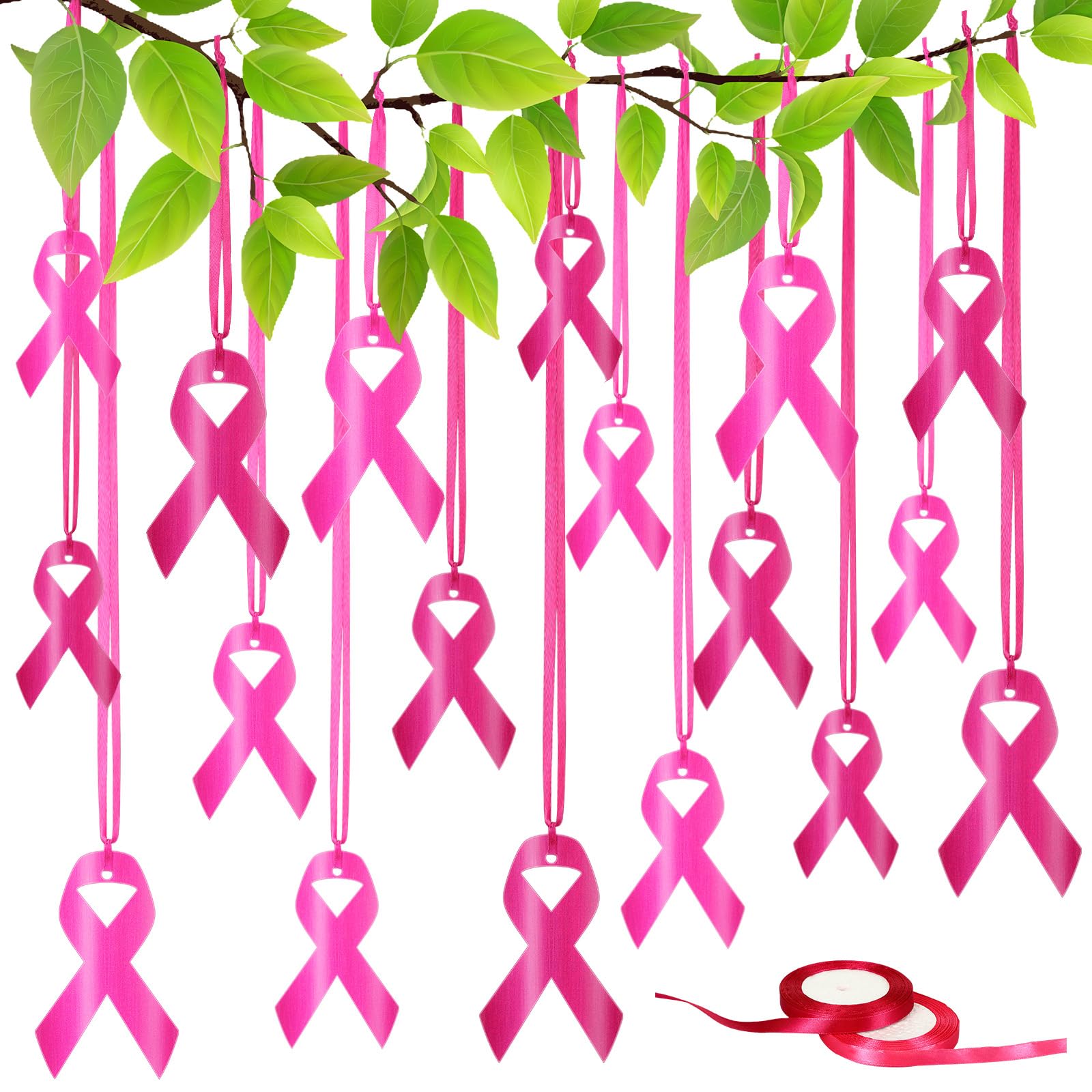 Unittype 18 Pack Large Pink Ribbon Breast Cancer Awareness Decorations with 2 Rolls 24 yd Ribbon Breast Cancer Hanging Ornaments Sign for Tree Women Girl Yard Porch Lawn Charity Public Party Supplies