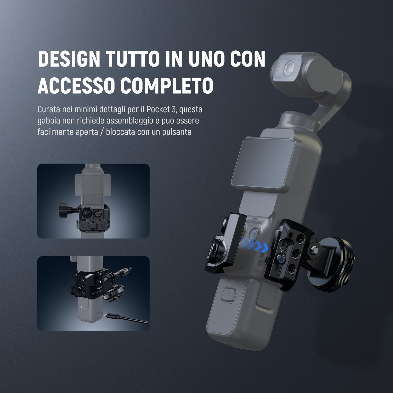 NEEWER Pocket 3 Cage Compatibile con DJI Osmo Pocket 3 e Creator Combo Accessori, Rig di Estensione per Riprese Video Gimbal con Adattatore Action Cam, Filettatura 1/4", ColdShoe, Panno Pulizia, AC009
