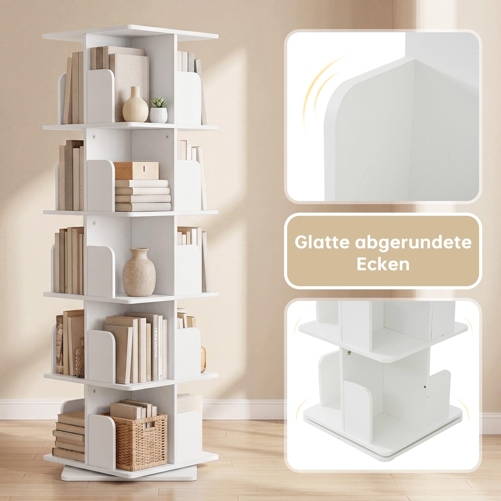 Drehbares Bücherregal 360° Frei, Bücherregal Drehbar Weiß, Bücherregal Kinder, für Wohnzimmer, Arbeitszimmer, Büro, als Raumteiler, 5 Ebenen